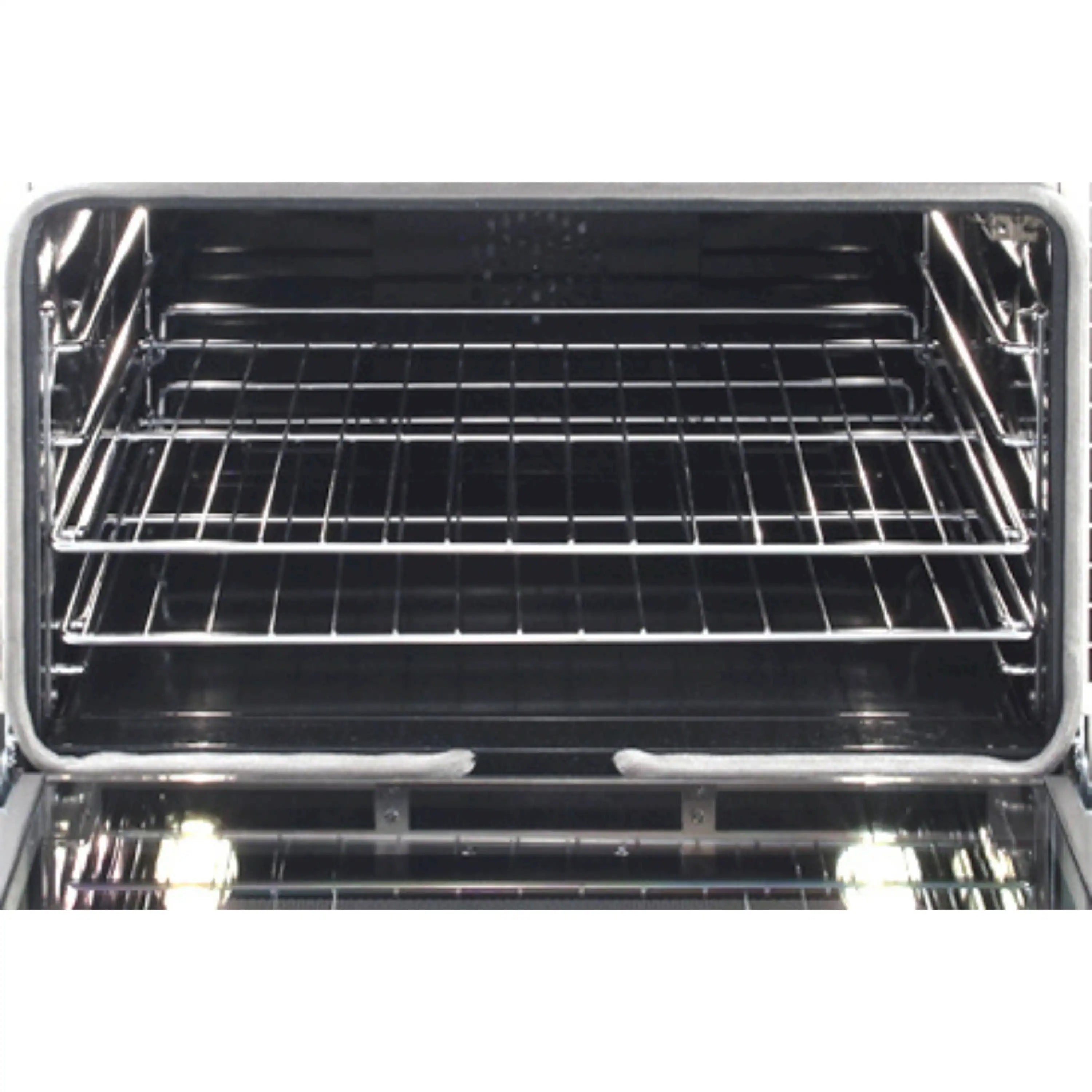 Dual fuel oven interior with wire rack and two heating element areas