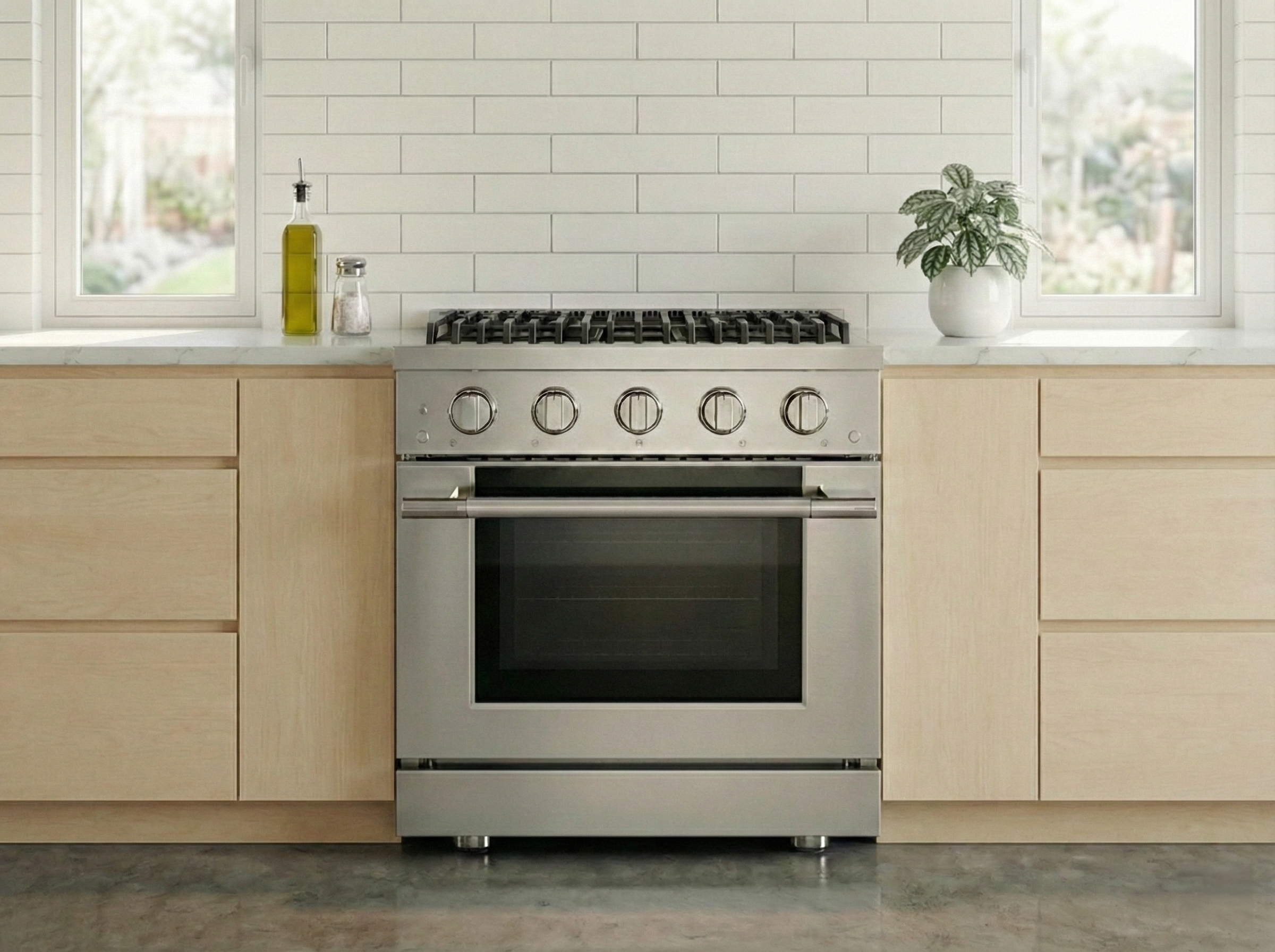Stainless steel freestanding gas range with 4 burners and convection oven, front view
