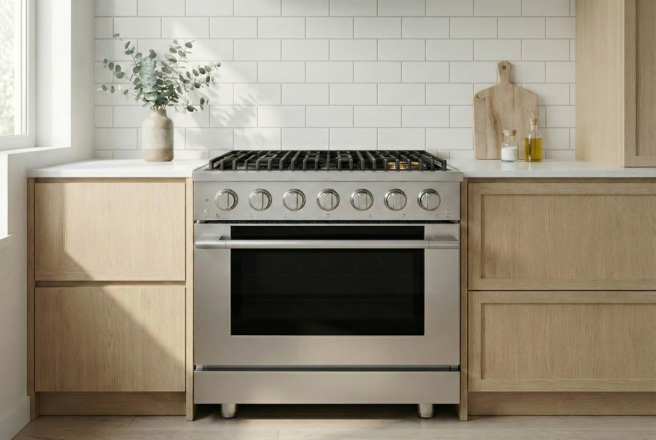 Stainless steel 6-burner gas range with convection oven in a kitchen setting
