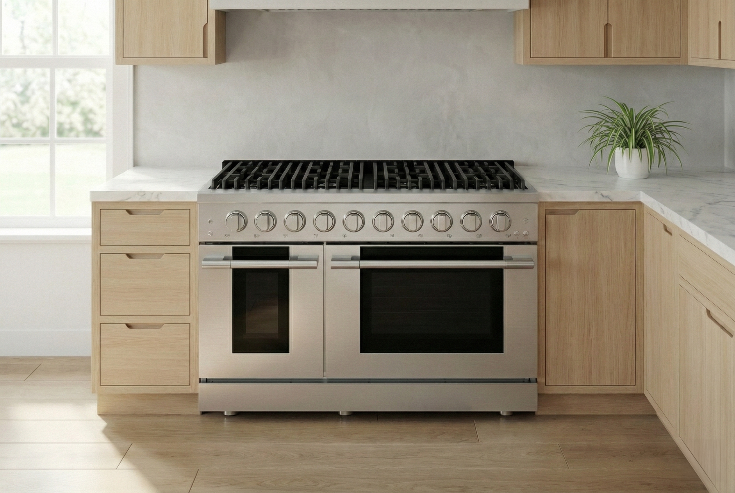 Stainless steel 8-burner gas range with two black ovens in a kitchen setting