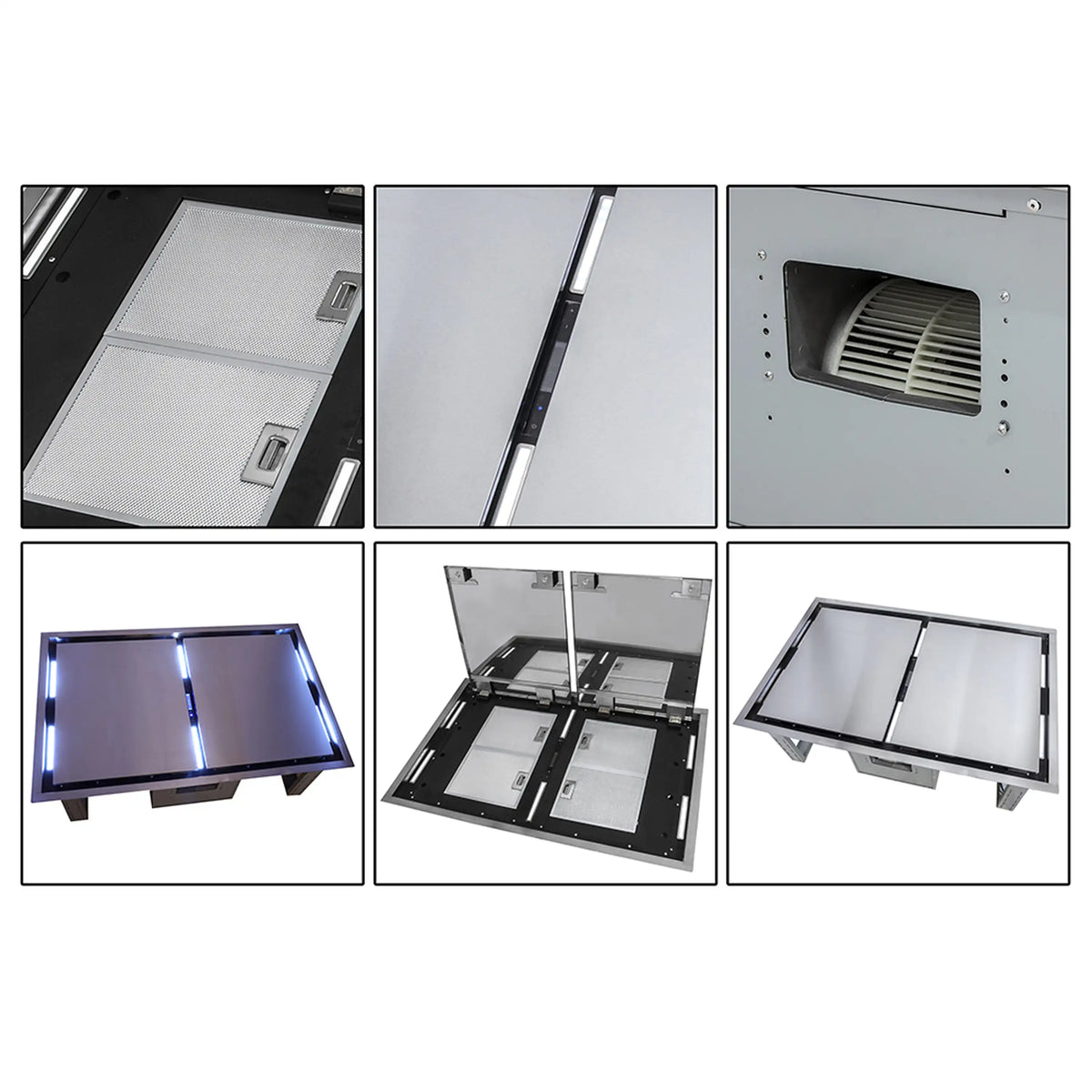 Stainless recessed ceiling range hood with two open filter panels and vent opening