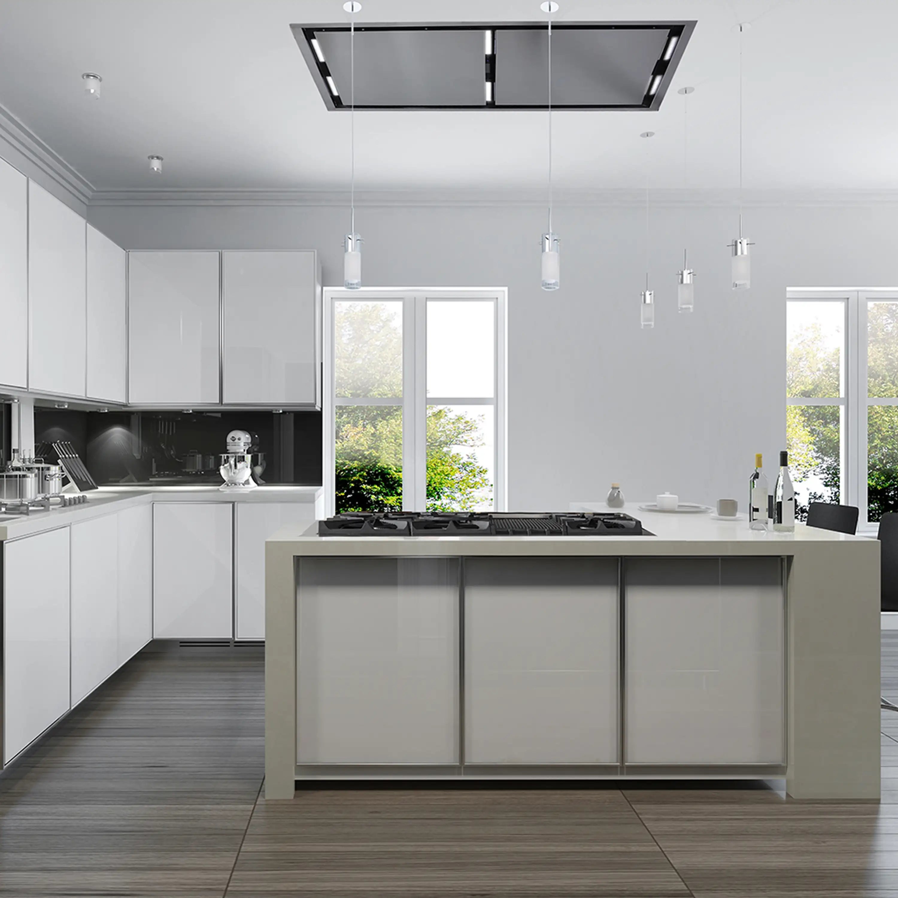 Stainless recessed ceiling range hood over cooktop with dual LED light panels