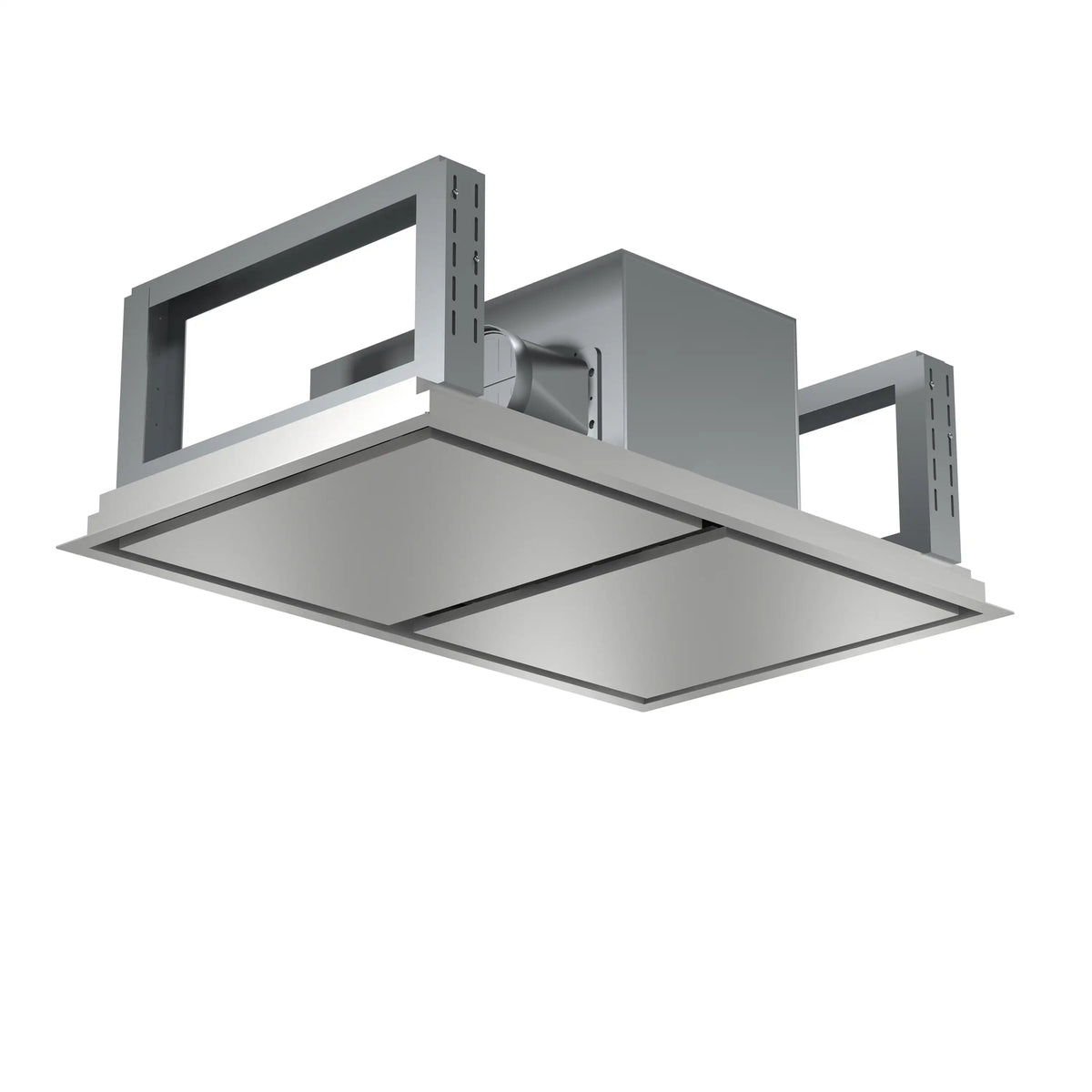 Stainless recessed ceiling range hood underside with two angled filter baffles