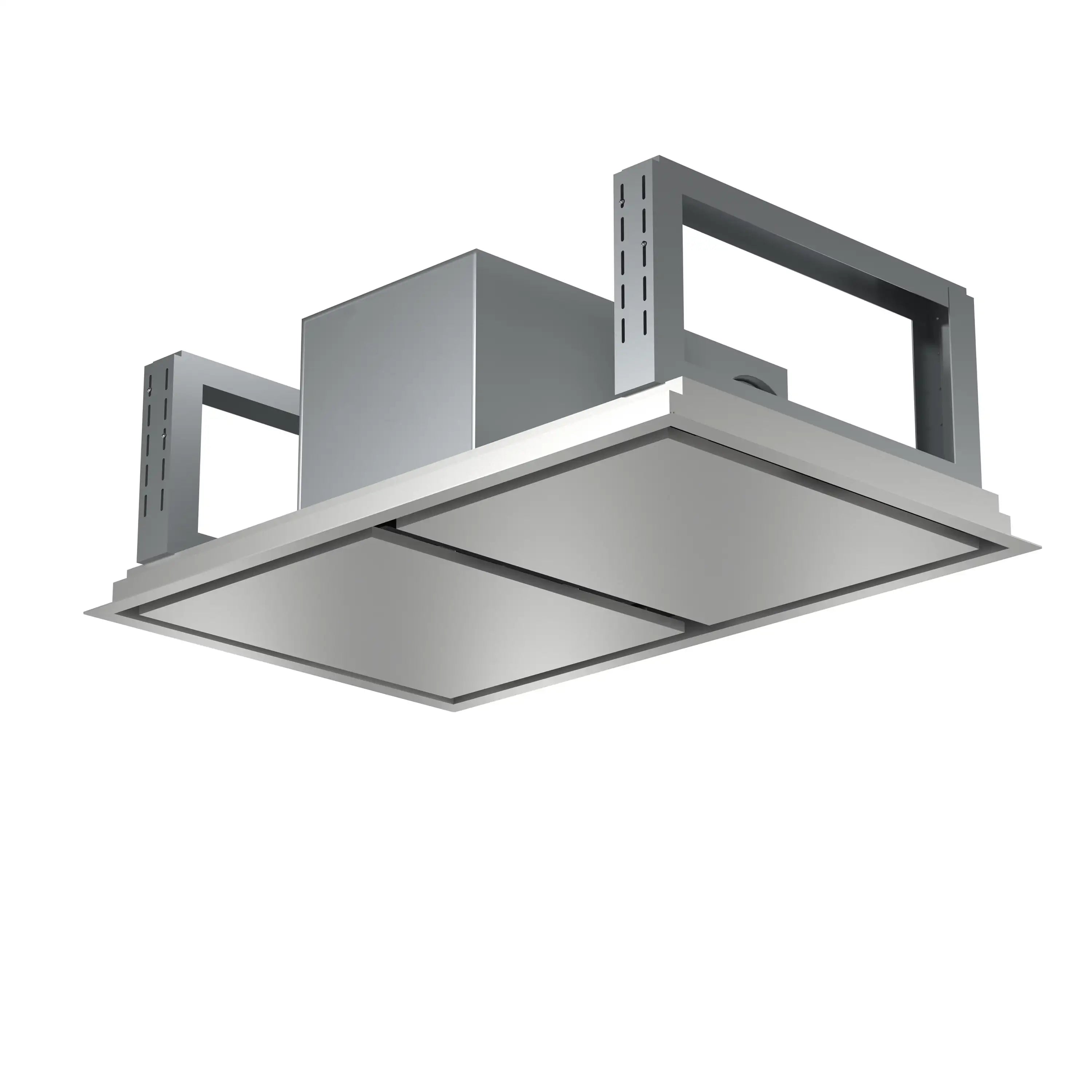 Stainless recessed ceiling range hood underside with baffle filters and duct housing
