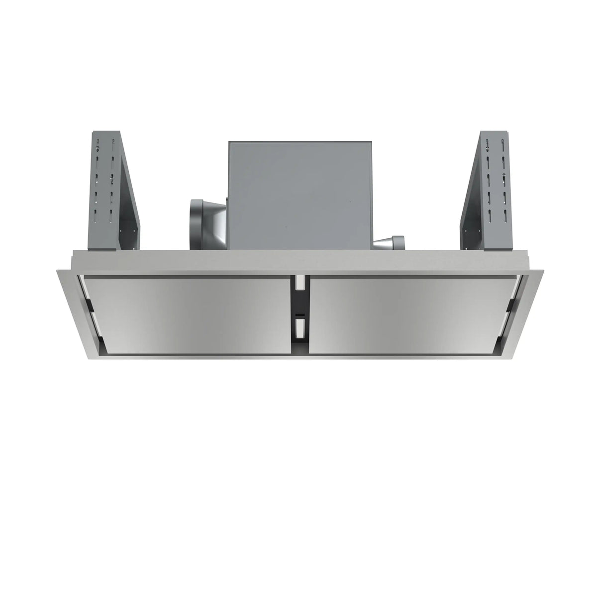 Stainless recessed ceiling range hood with two exposed filter trays and central divider