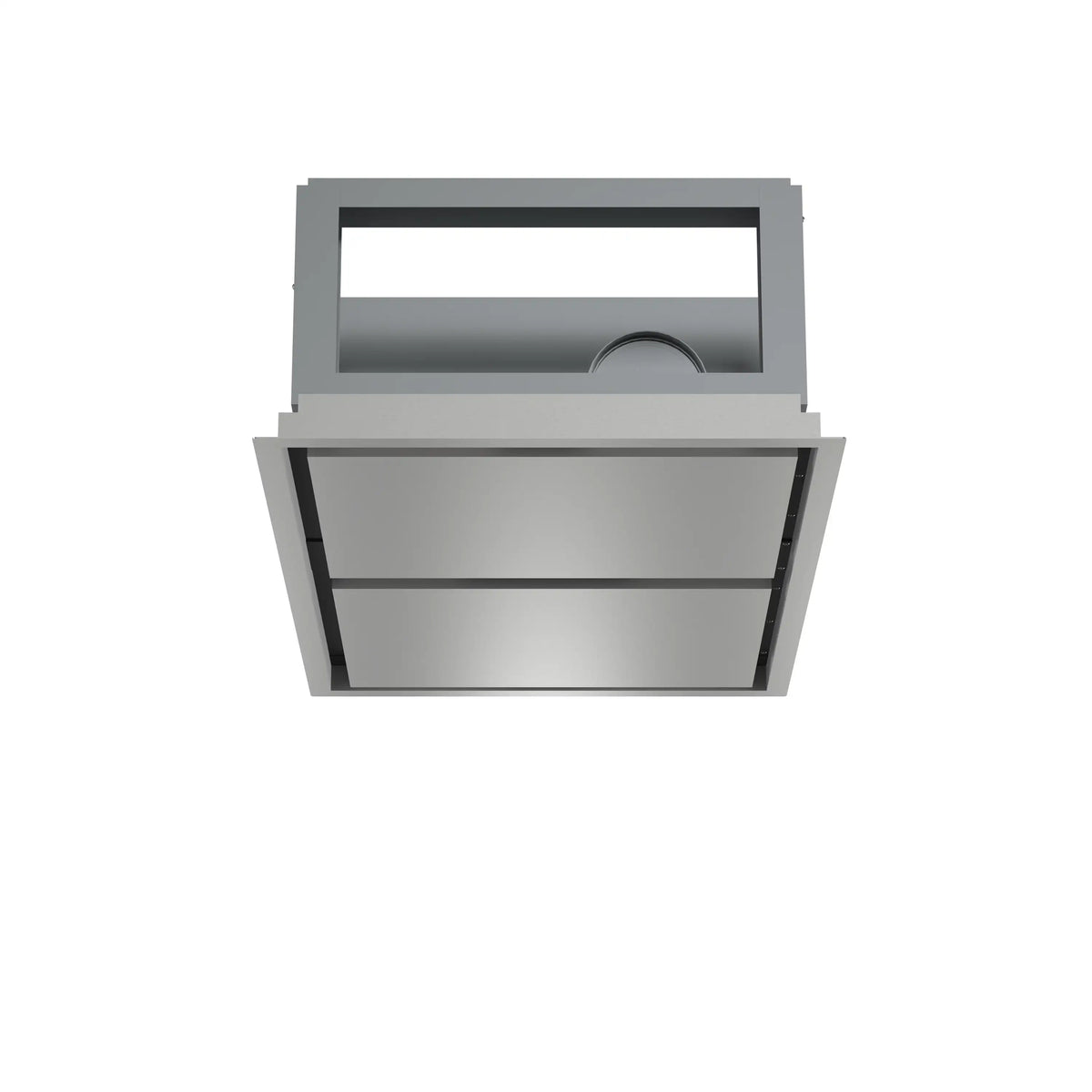 Stainless recessed range hood with vent opening and front panel
