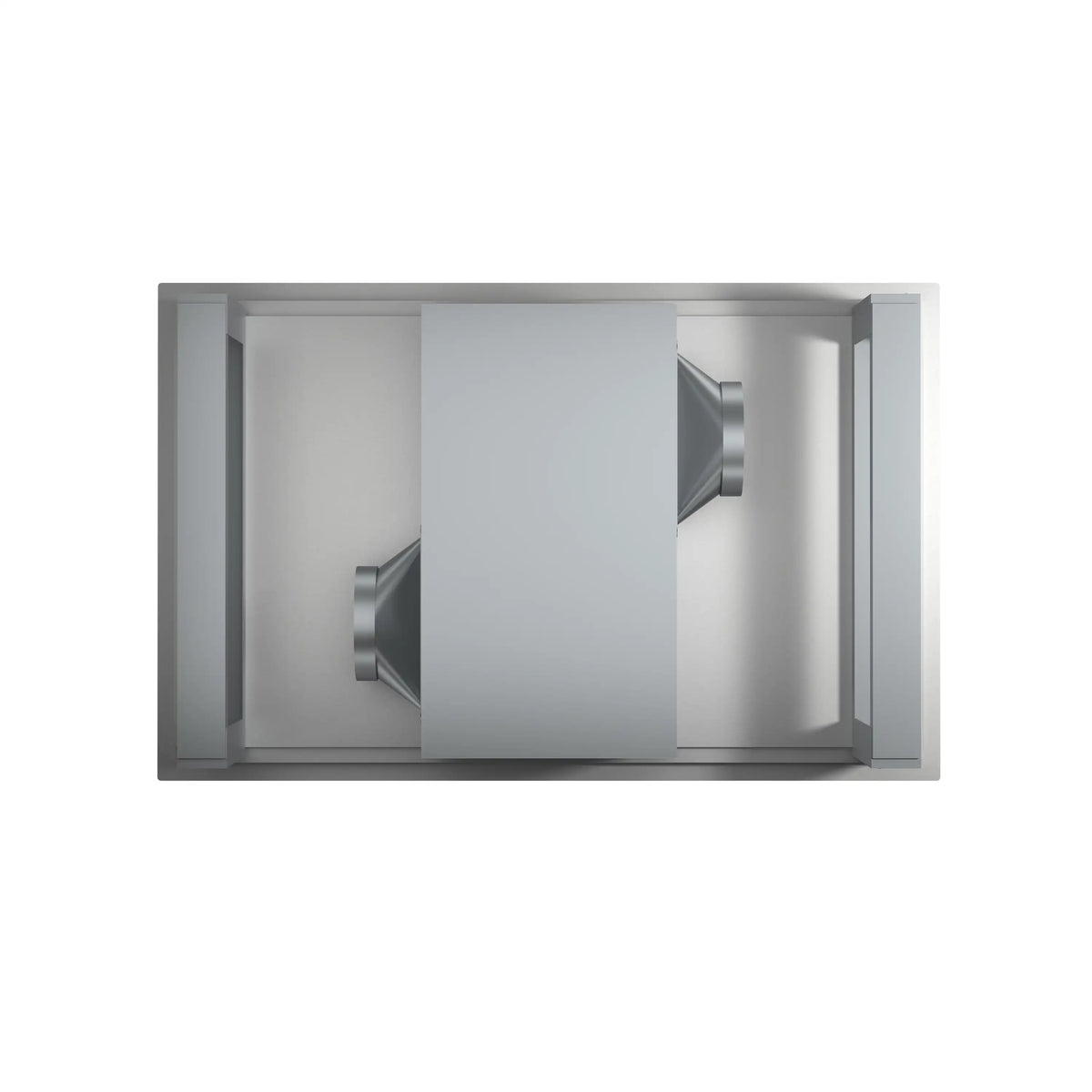 Recessed ceiling range hood interior view with stainless baffle and duct opening