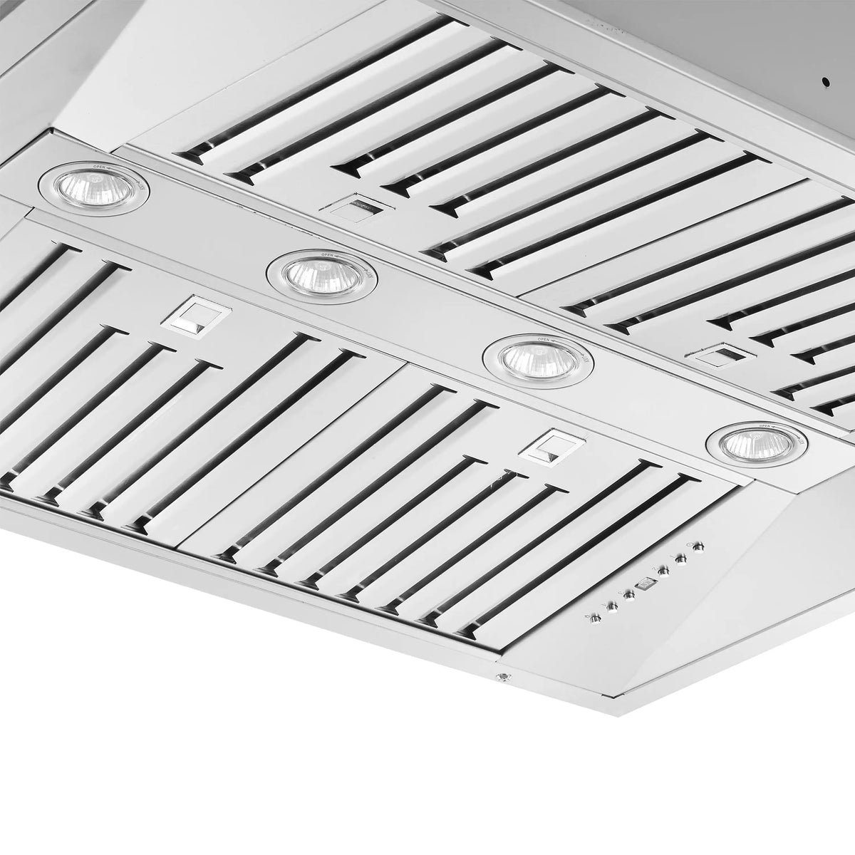 Stainless steel insert range hood underside with baffle vents and circular lights