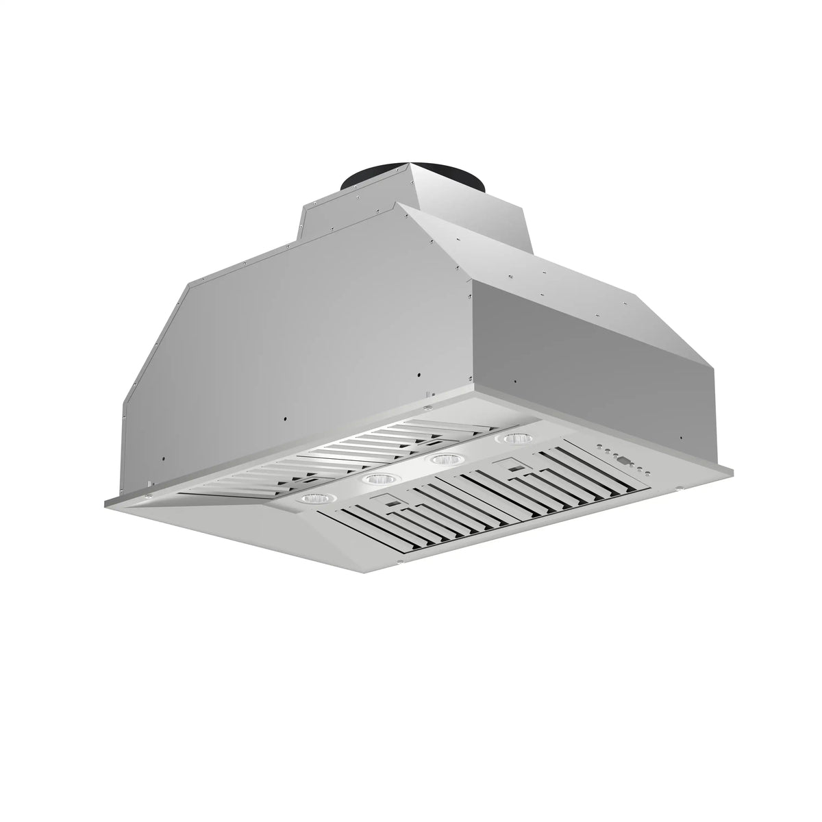 Stainless steel insert range hood canopy with open vent baffles