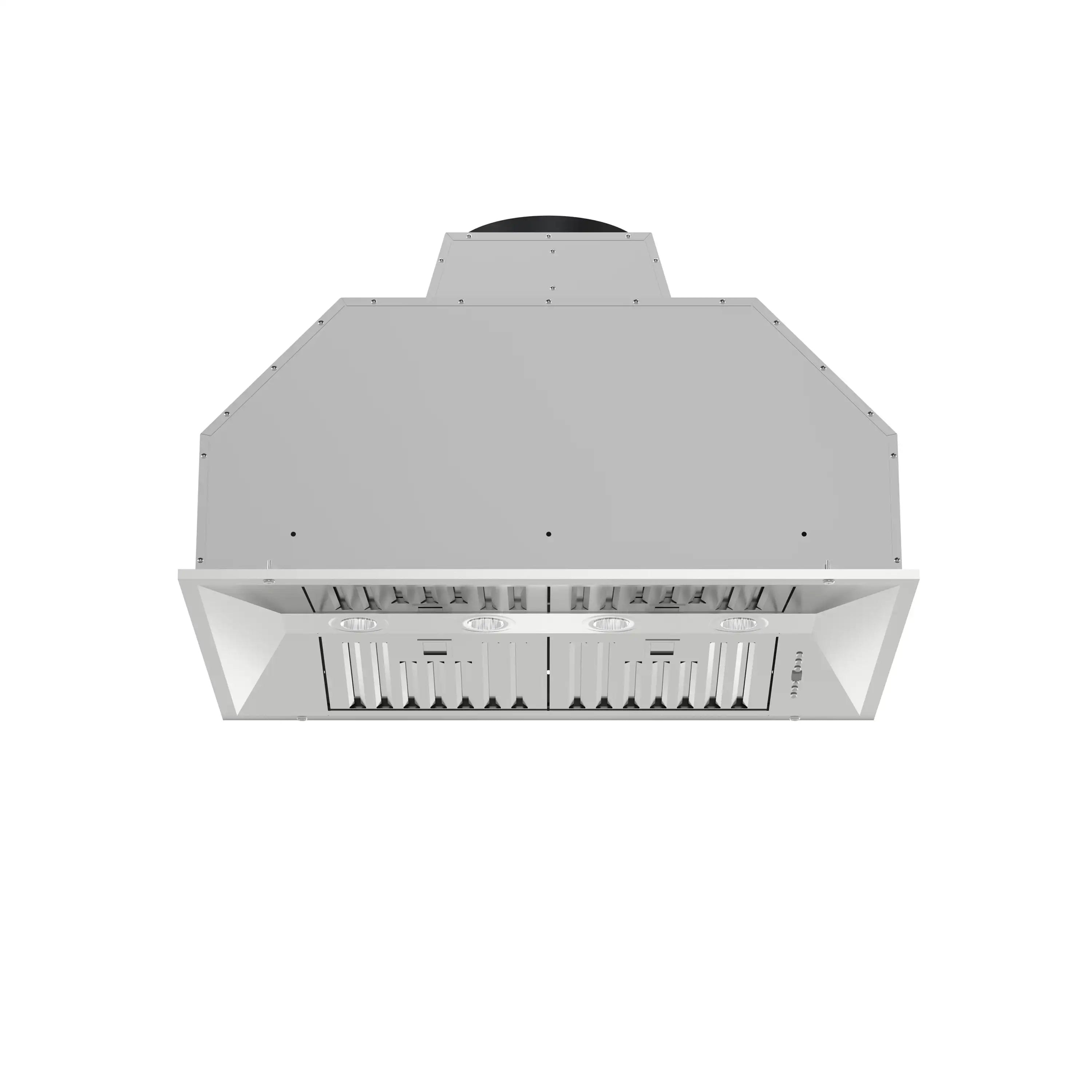Stainless steel insert range hood back view with vent grille and duct opening