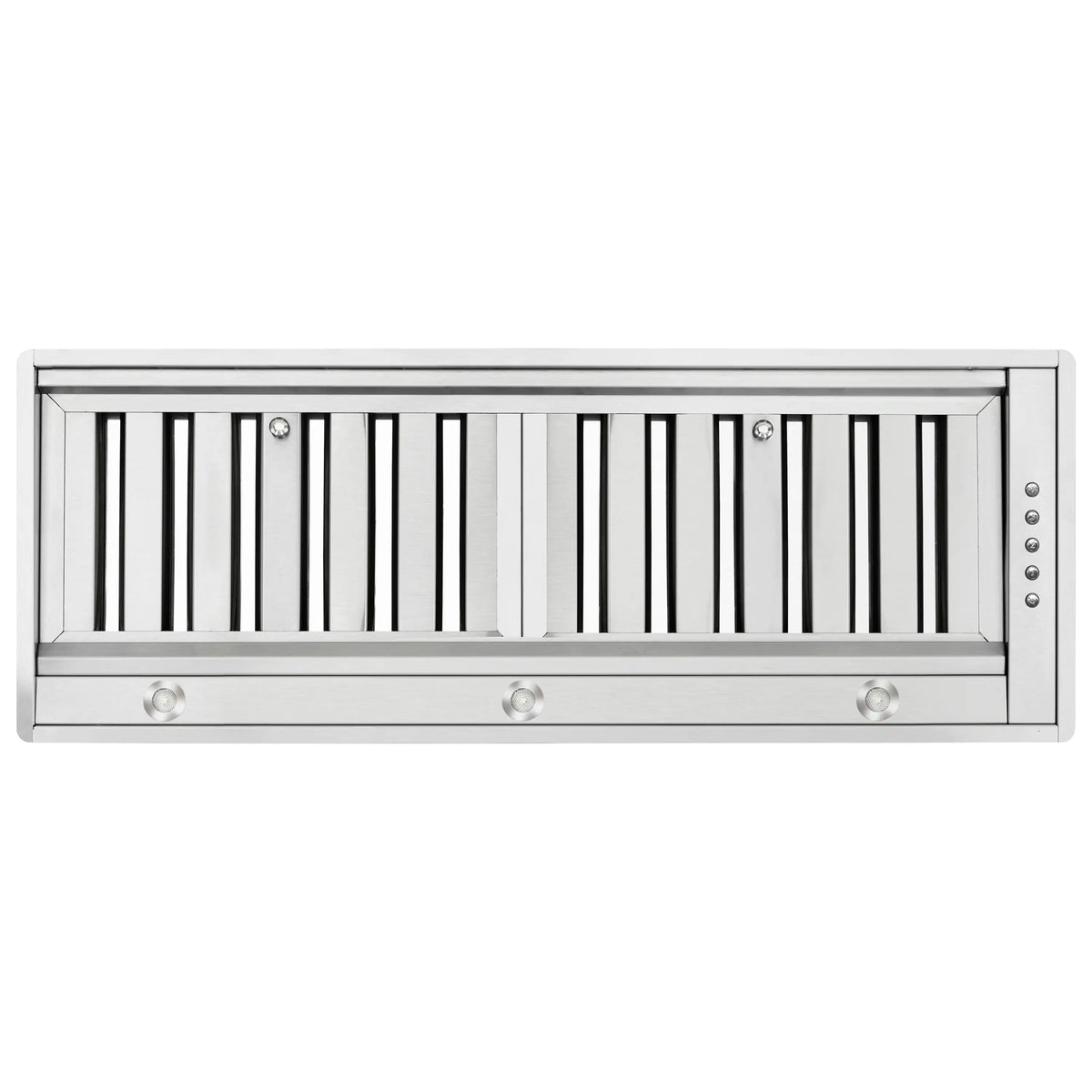 Stainless steel range hood insert front baffle filters behind metal grille