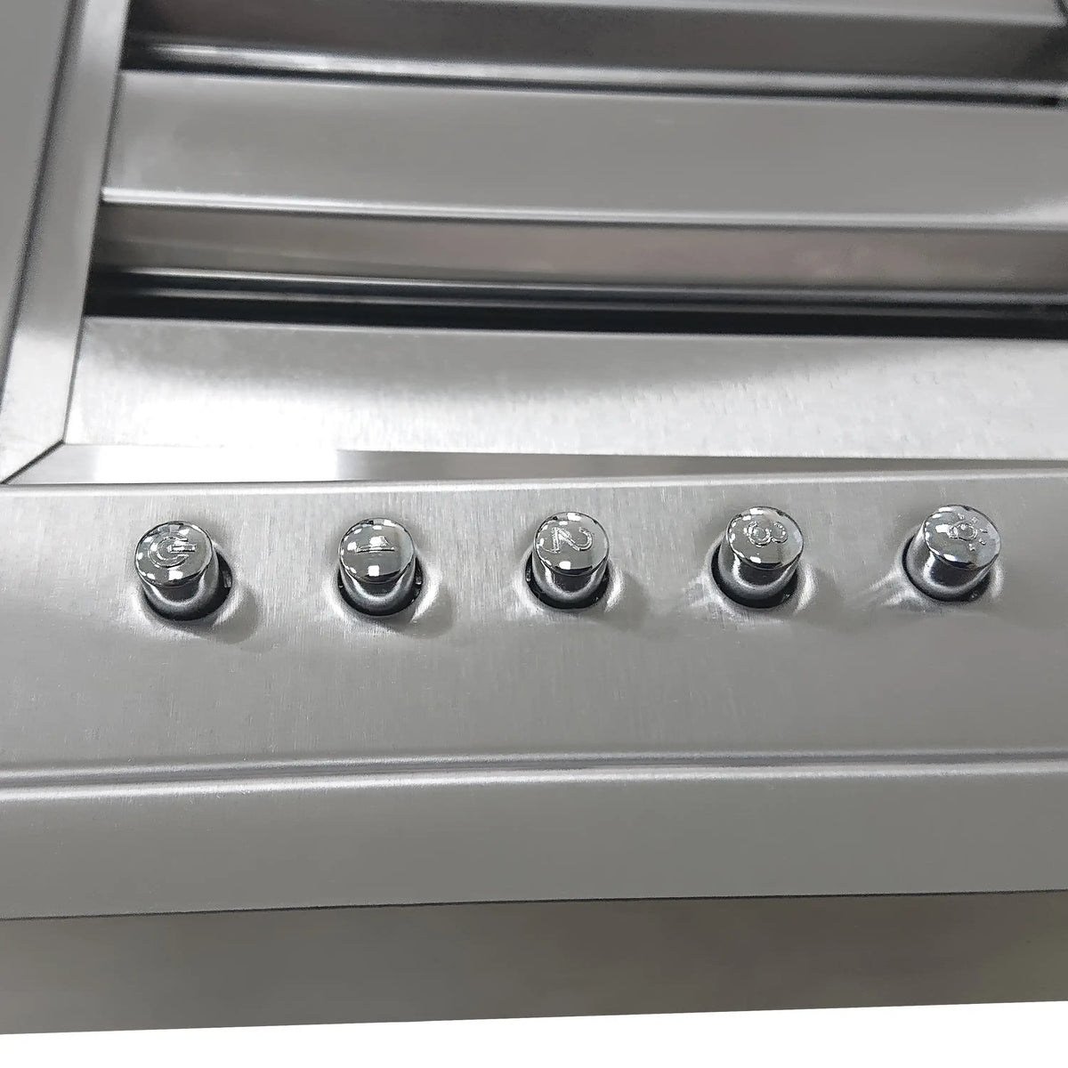 Stainless steel range hood insert front panel with five circular knob controls