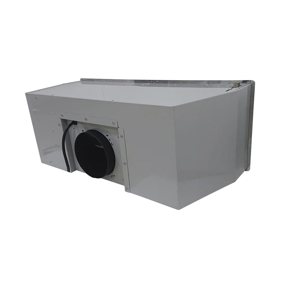 Stainless steel range hood insert with round duct outlet and mounting bracket plate