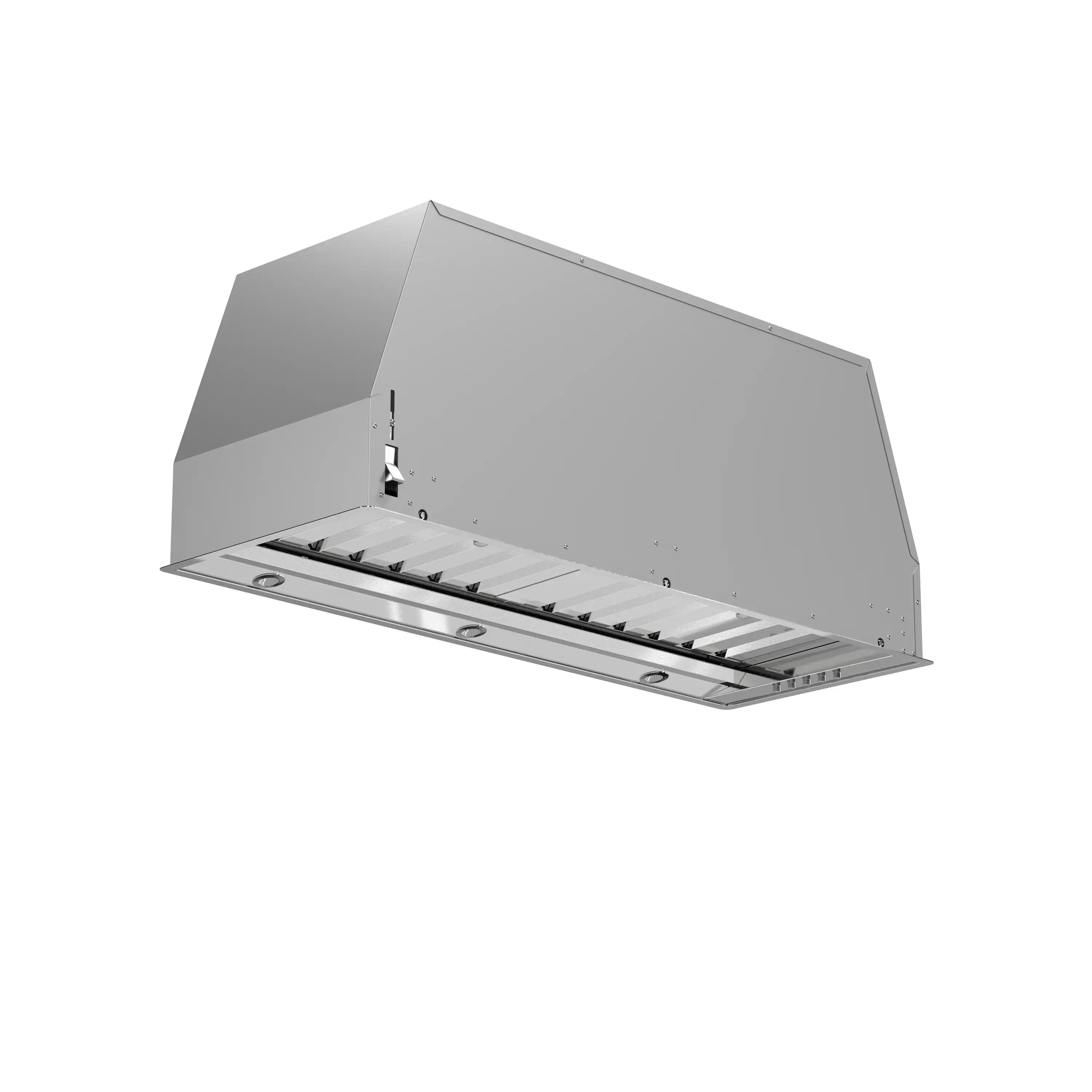 Stainless steel range hood insert interior view with baffle filters and vent opening
