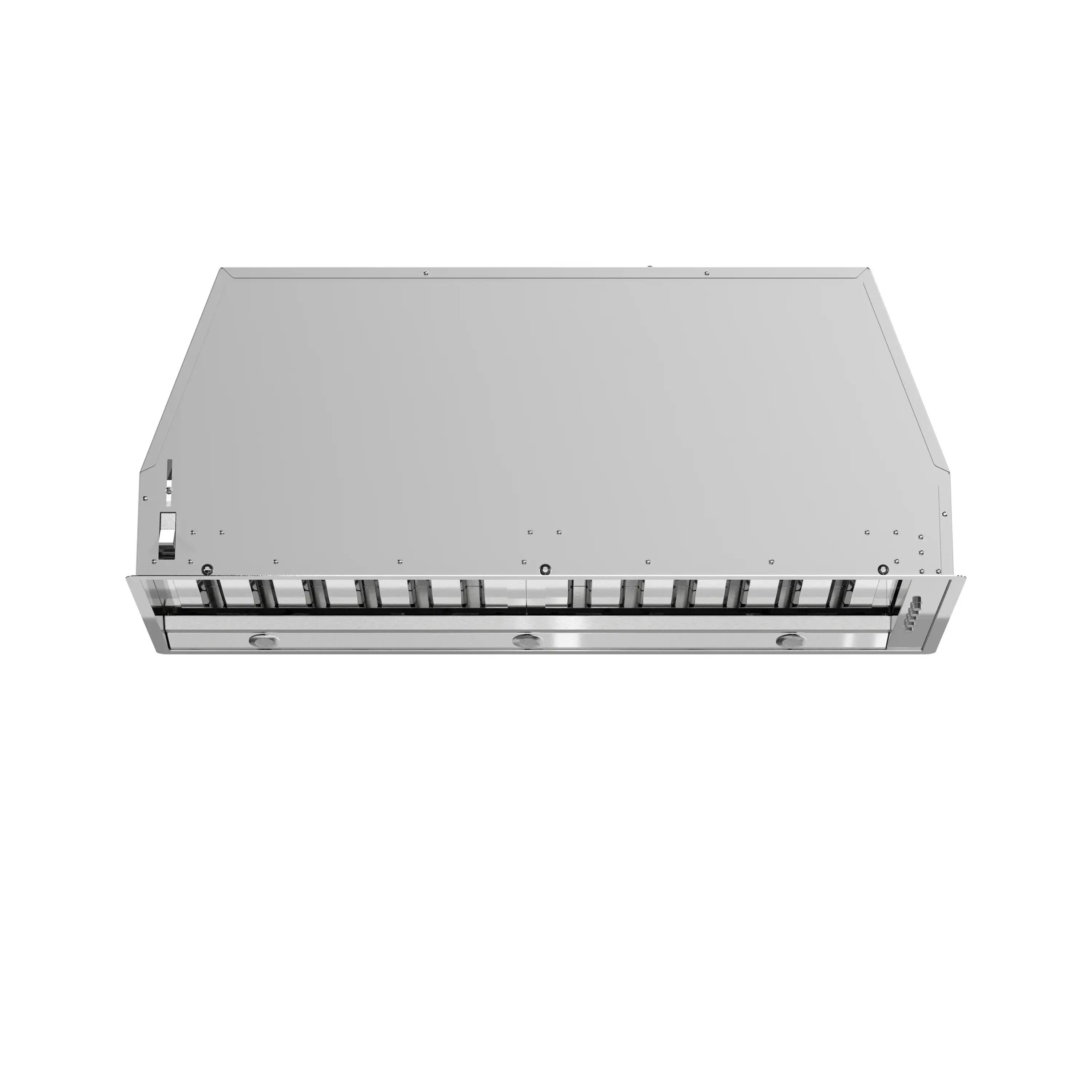Stainless steel range hood insert back view with baffle filter rails and port holes