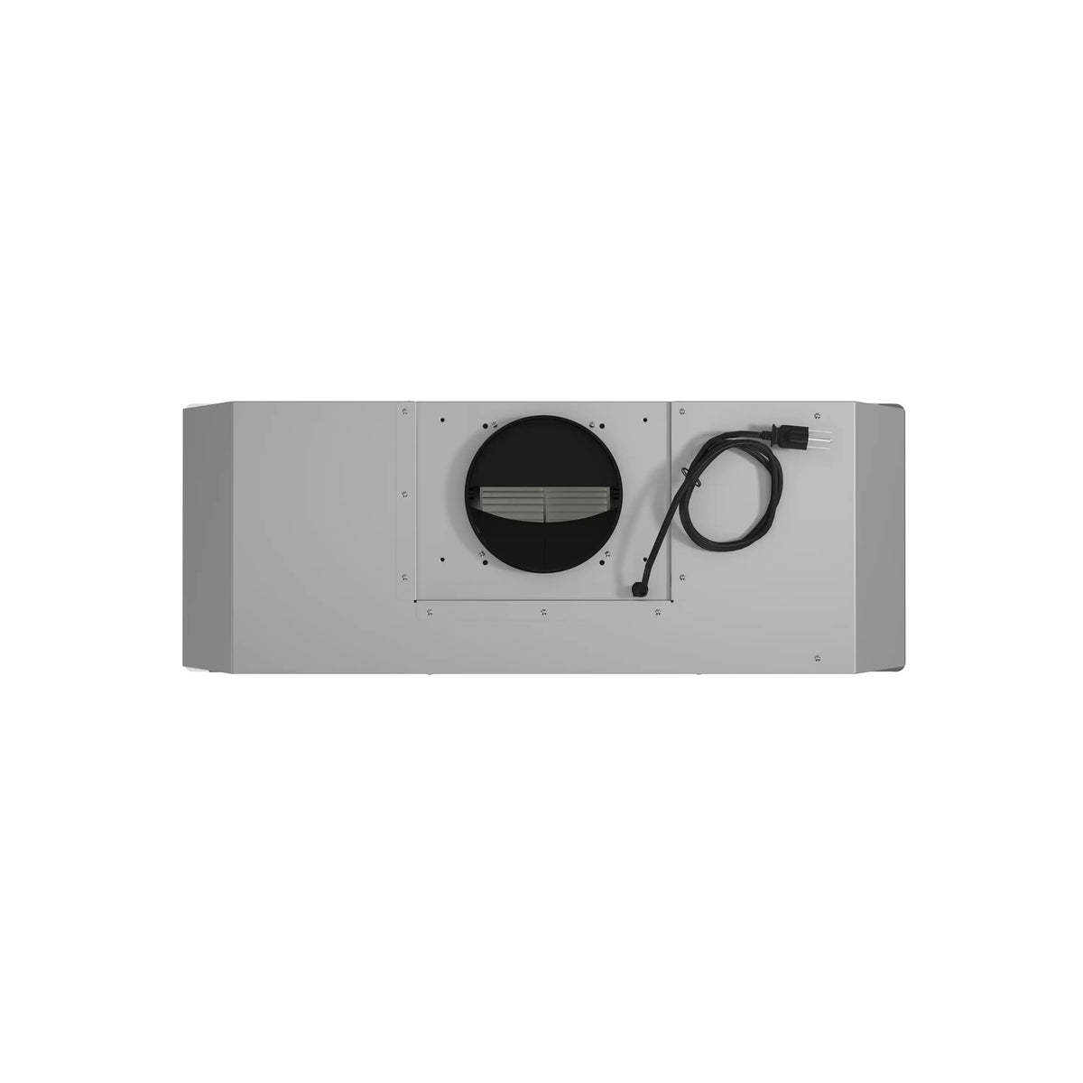 Stainless steel range hood insert motor housing with circular fan opening and wiring