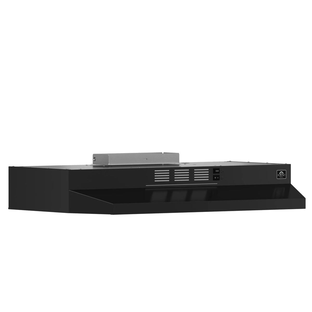 Black under-cabinet range hood angled view with vent grilles and top duct