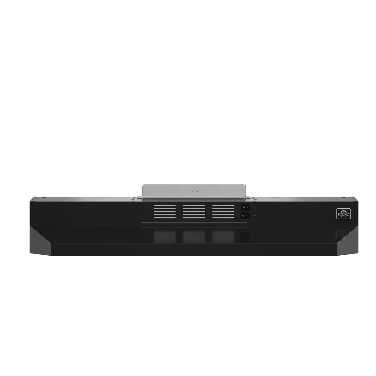 Black under-cabinet range hood front with control panel and vent slots
