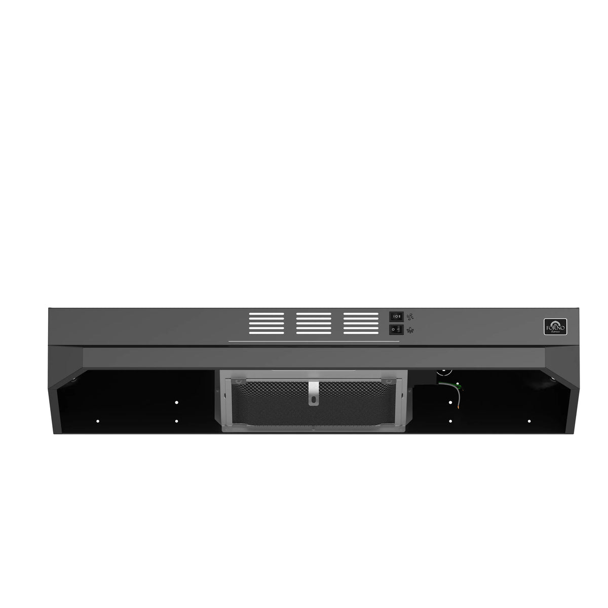 Black under-cabinet hood underside with filter opening and control buttons