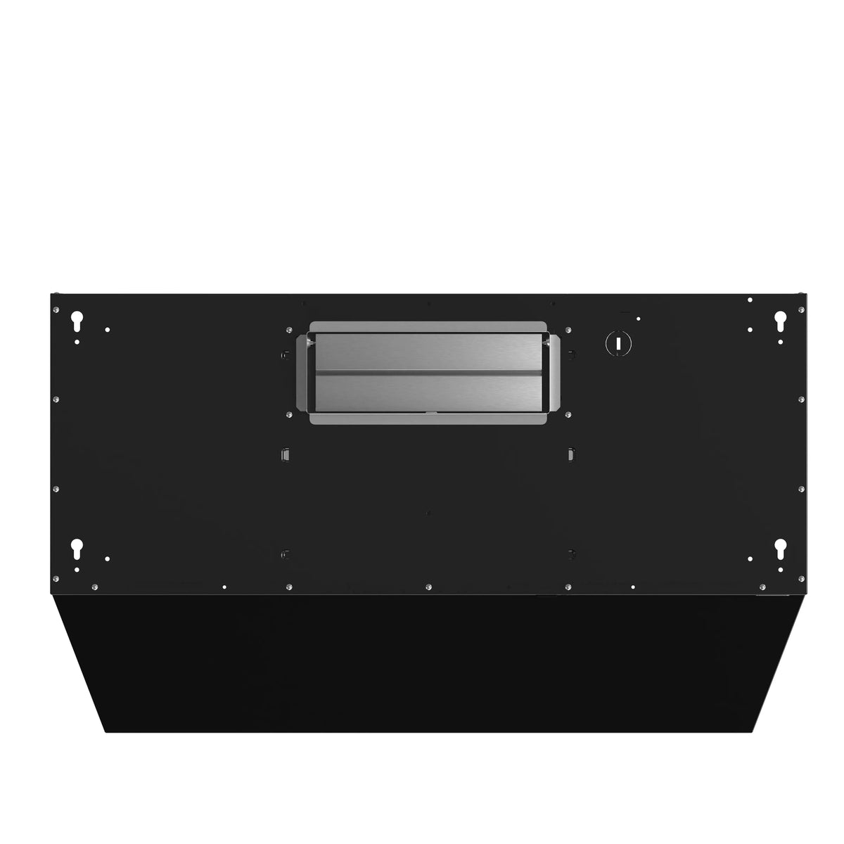 Black range hood back panel with wiring access cover and mounting holes