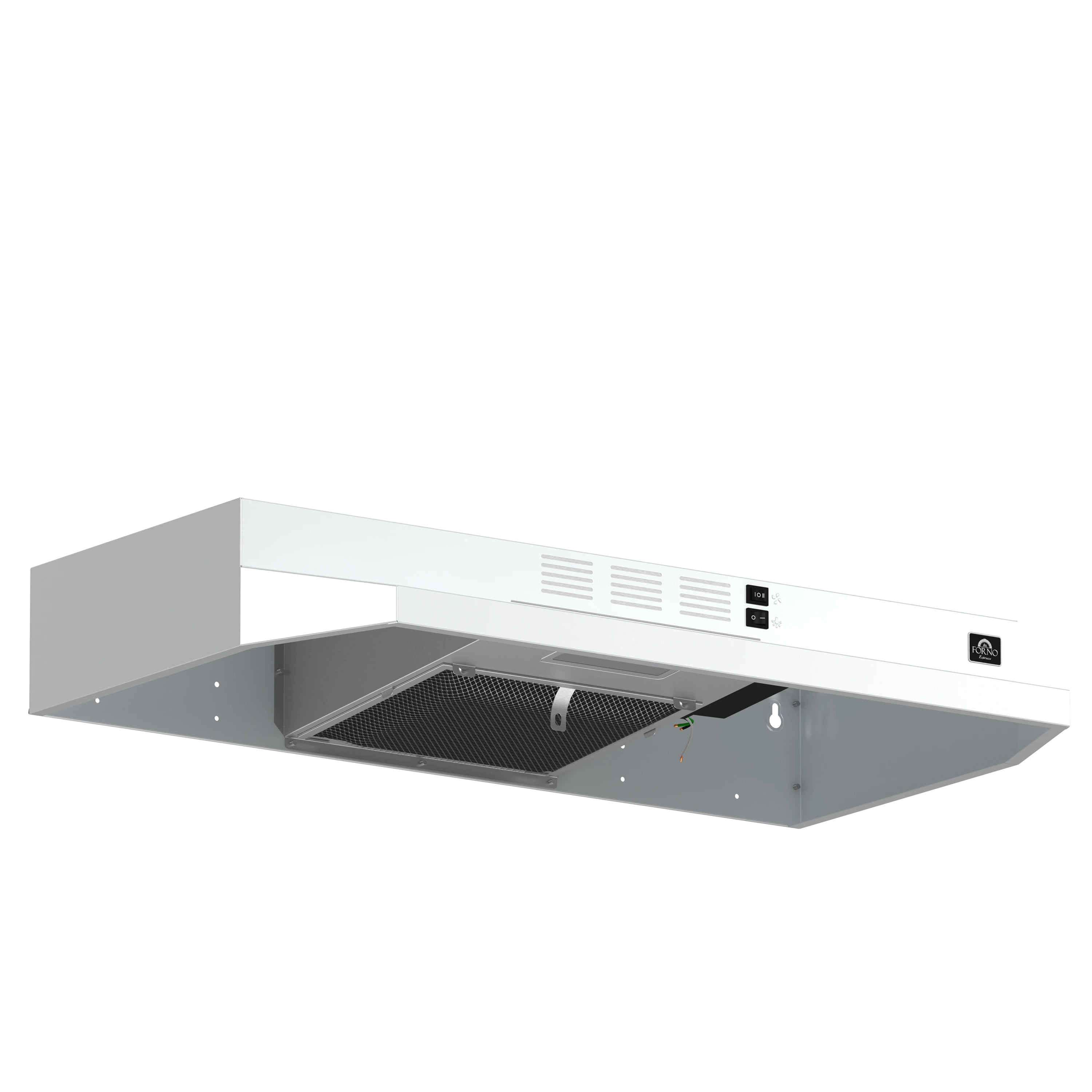 White under-cabinet range hood with stainless baffle filter and control panel.