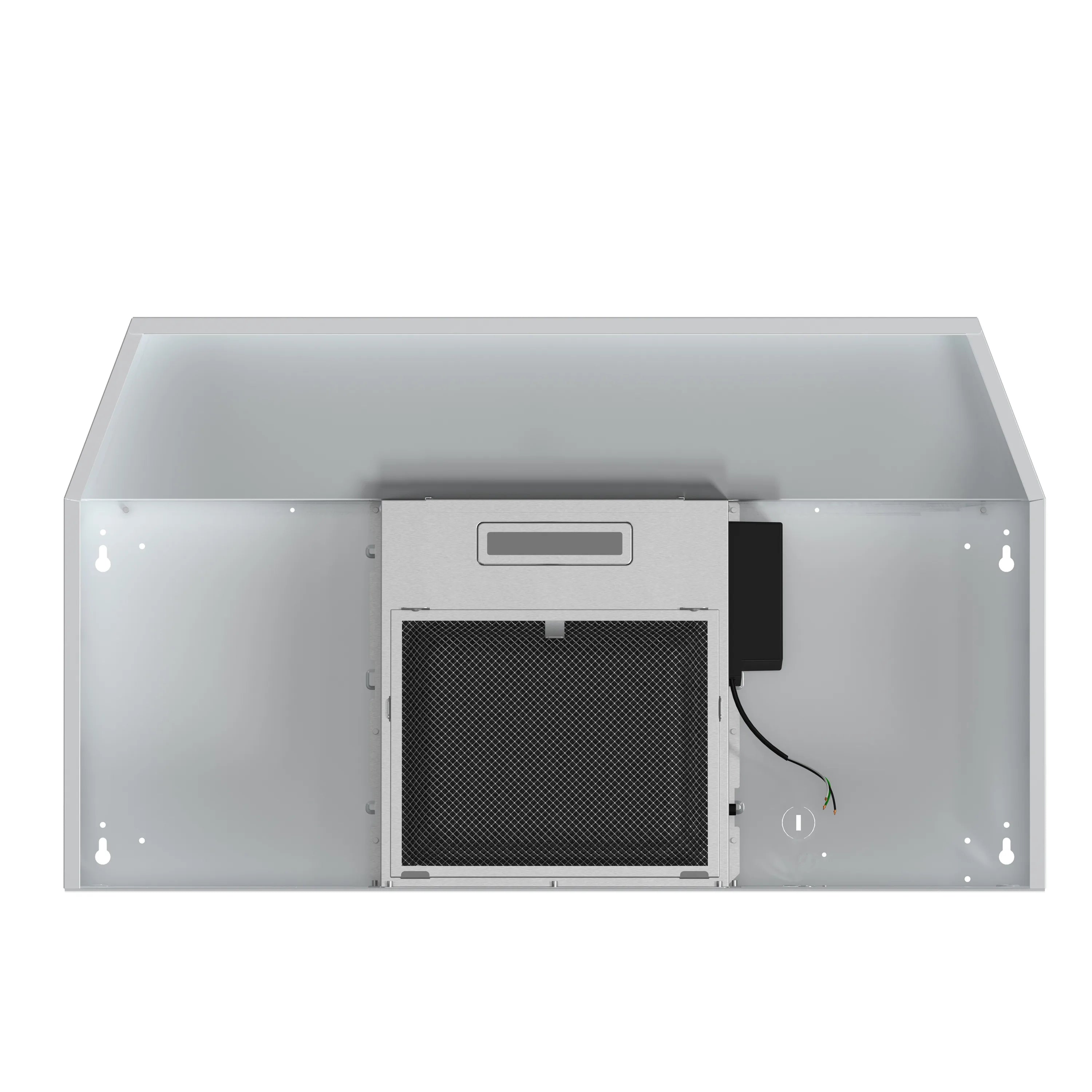 Under-cabinet range hood with front filter and open interior venting cavity.