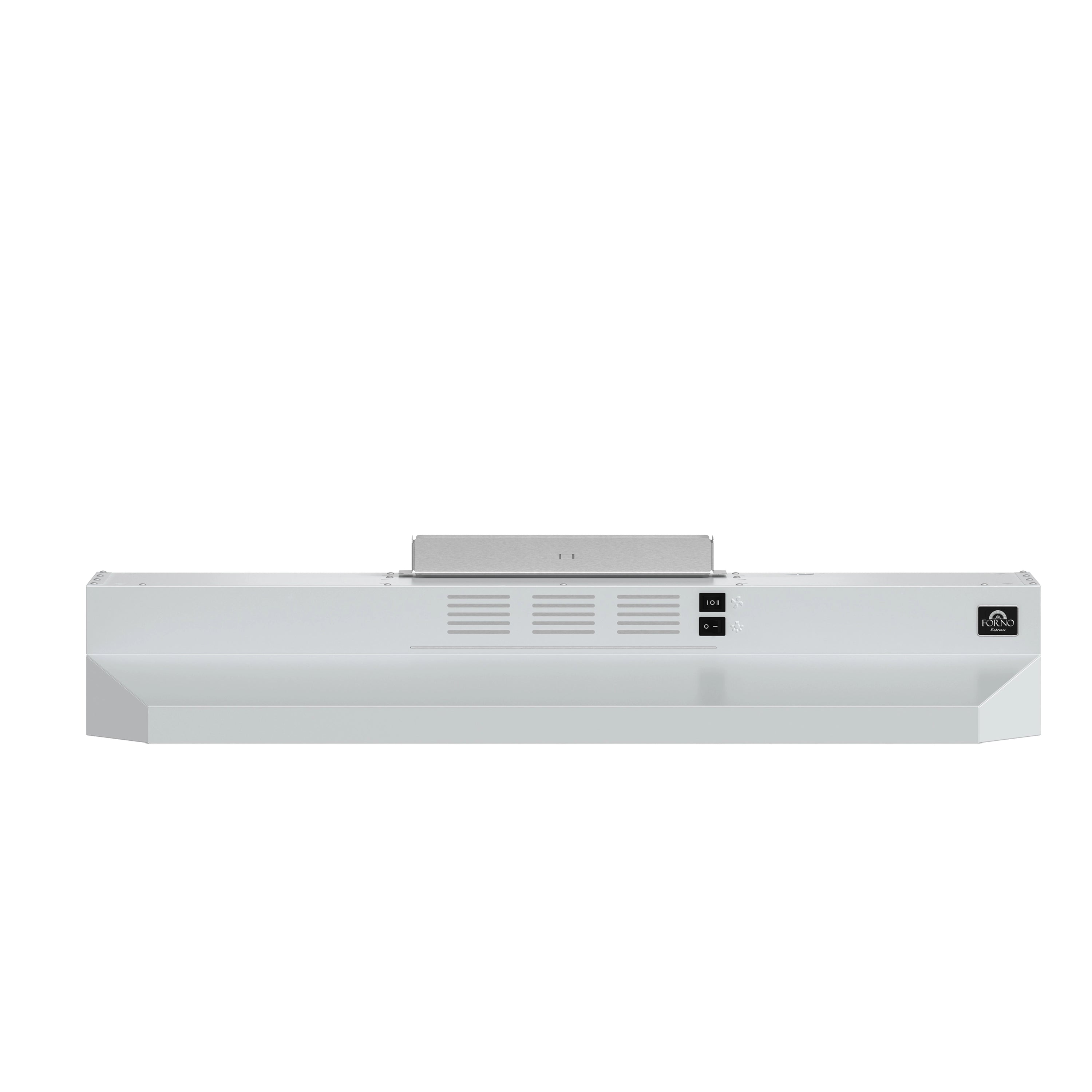 White under-cabinet range hood, side view with vent grilles and controls.