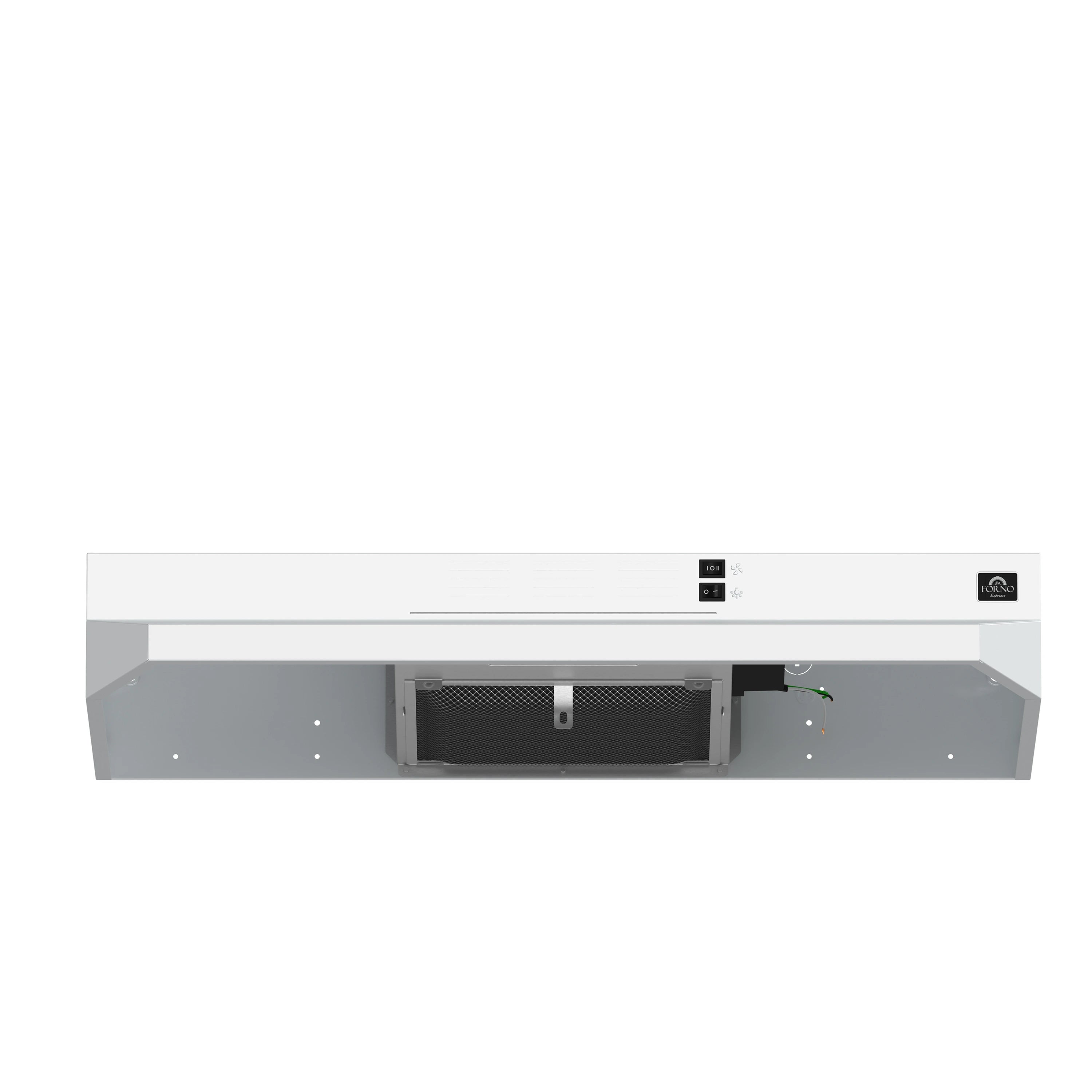 White under-cabinet range hood with visible interior filter and vent opening.
