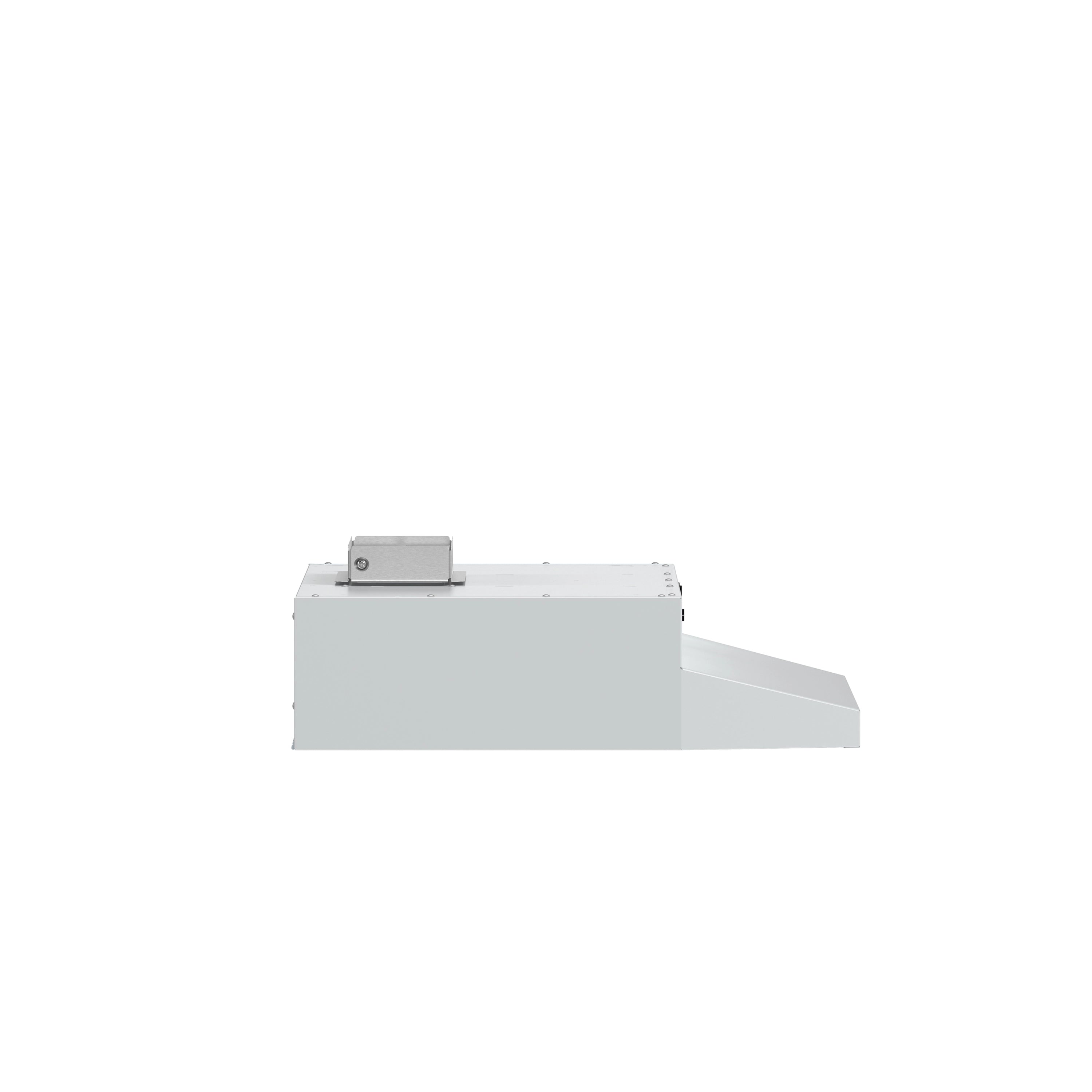 White range hood side profile with top control module and vent panel detail.