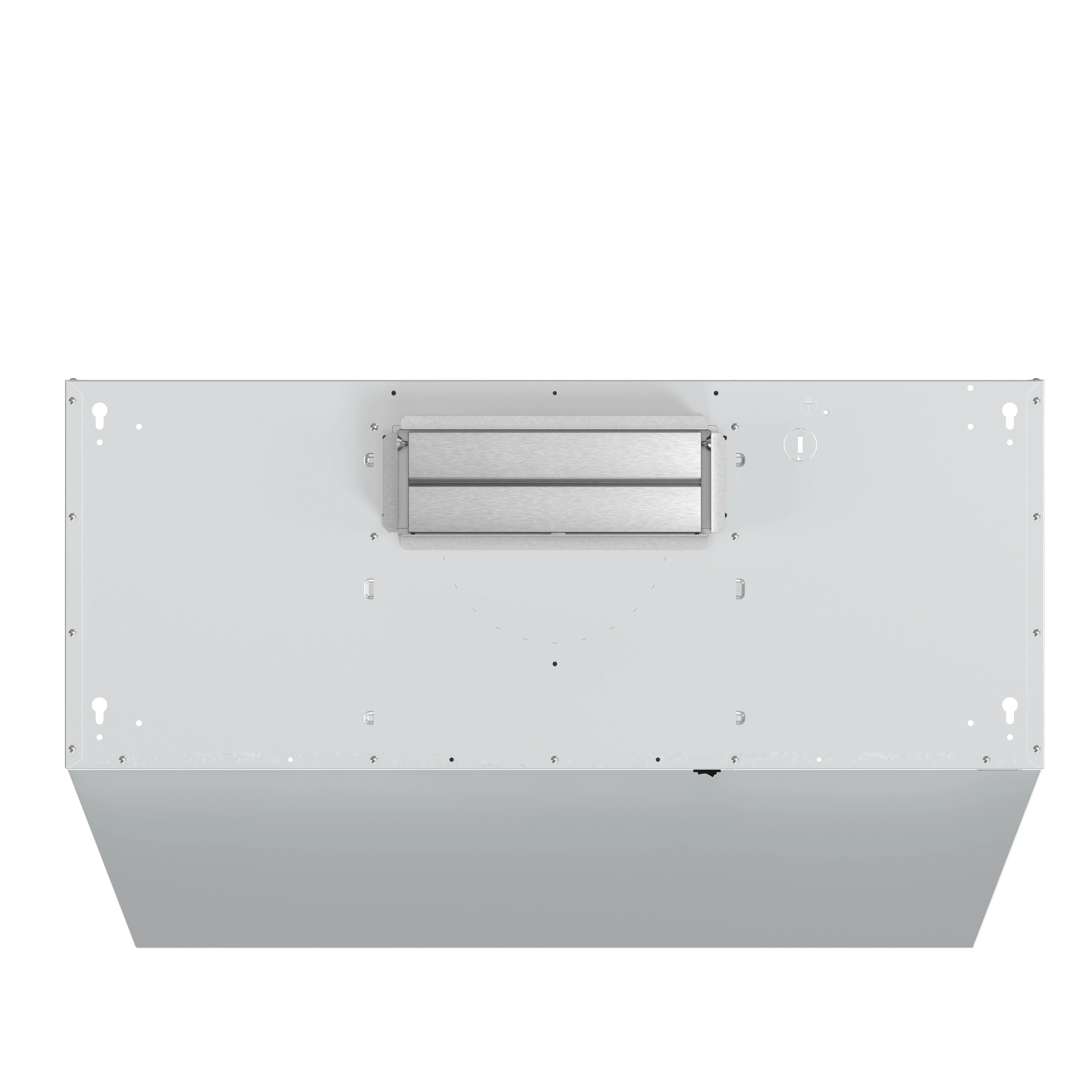 Under-cabinet range hood back panel with rectangular vent opening and mounts.
