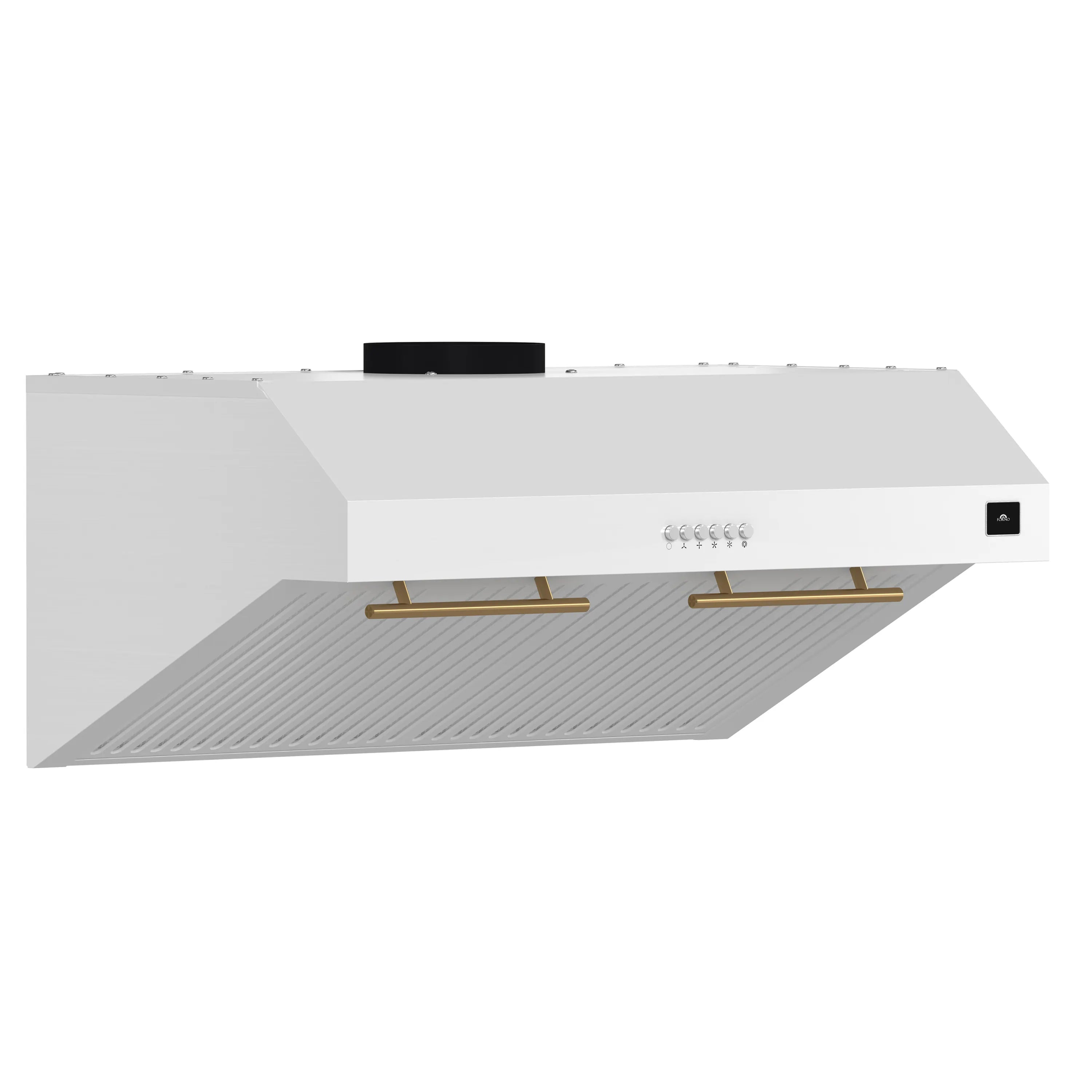 White range hood with gold-toned interior rails, black vent cover, and ribbed filter tray.
