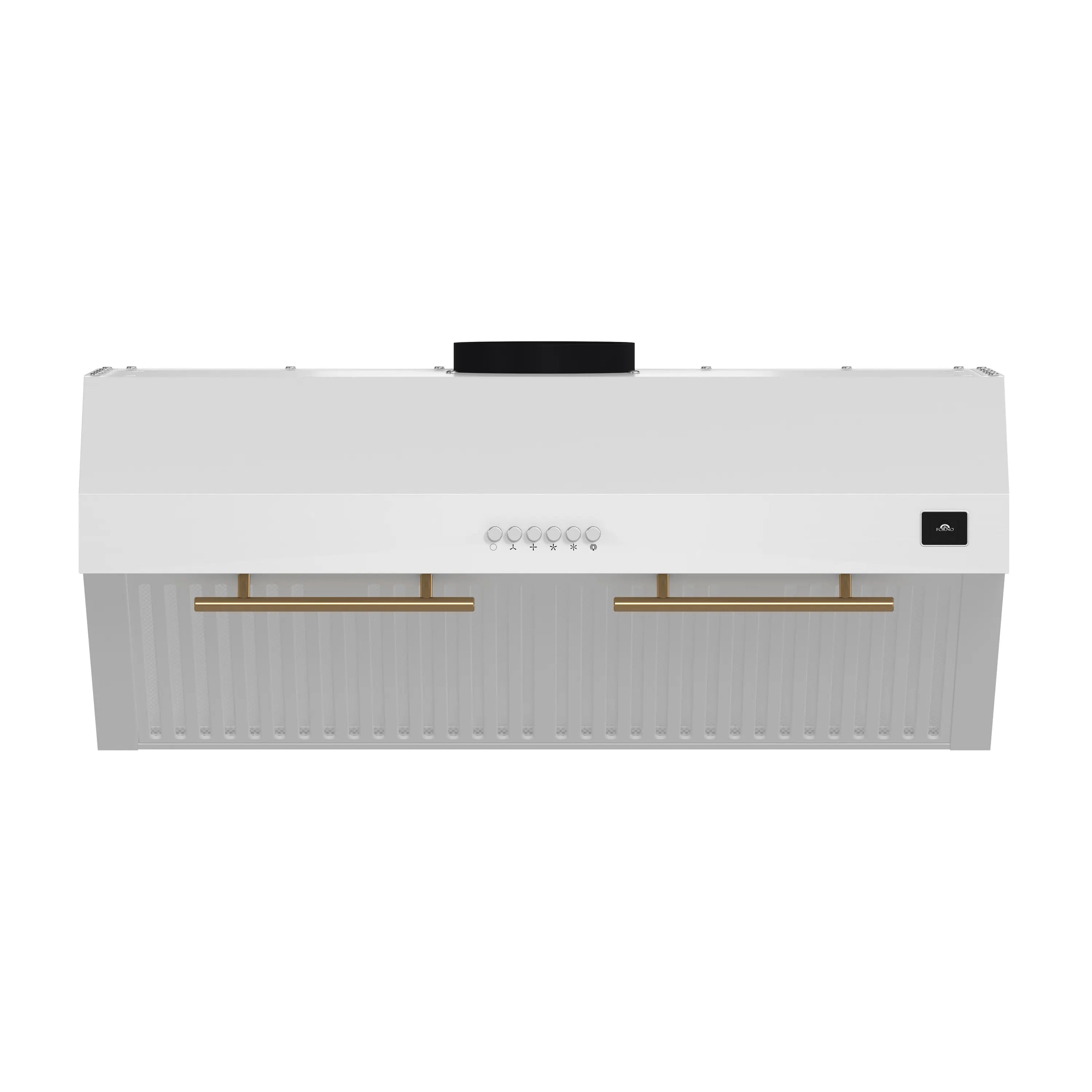 White under-cabinet range hood front view with gold-toned trim bars and control icons.