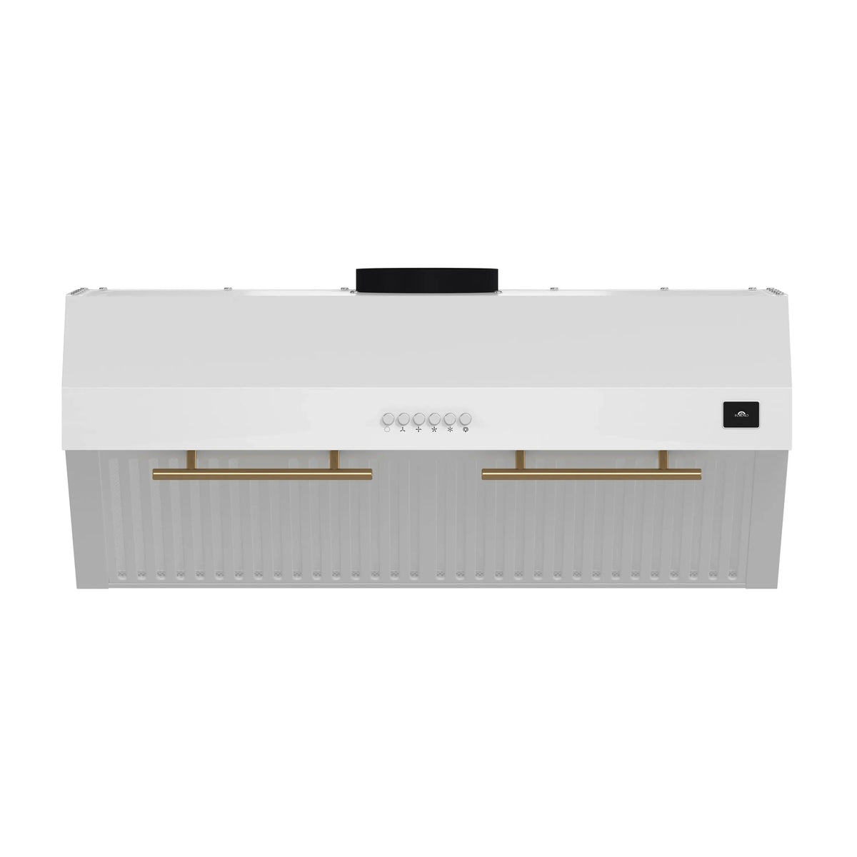 White under-cabinet range hood front view with gold-toned trim bars and control icons.
