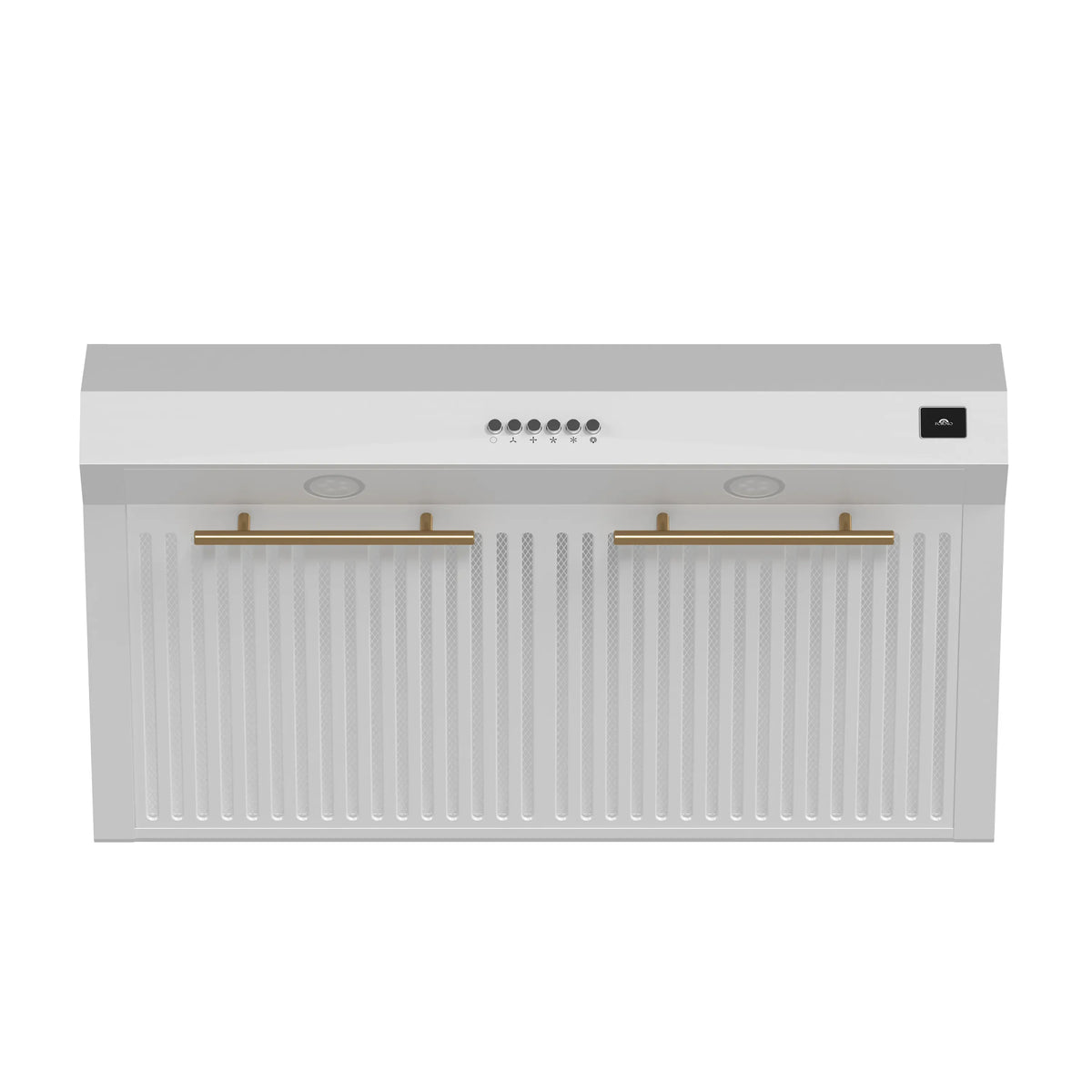 White under-cabinet range hood front with ribbed filter panel and gold-toned decorative rails.