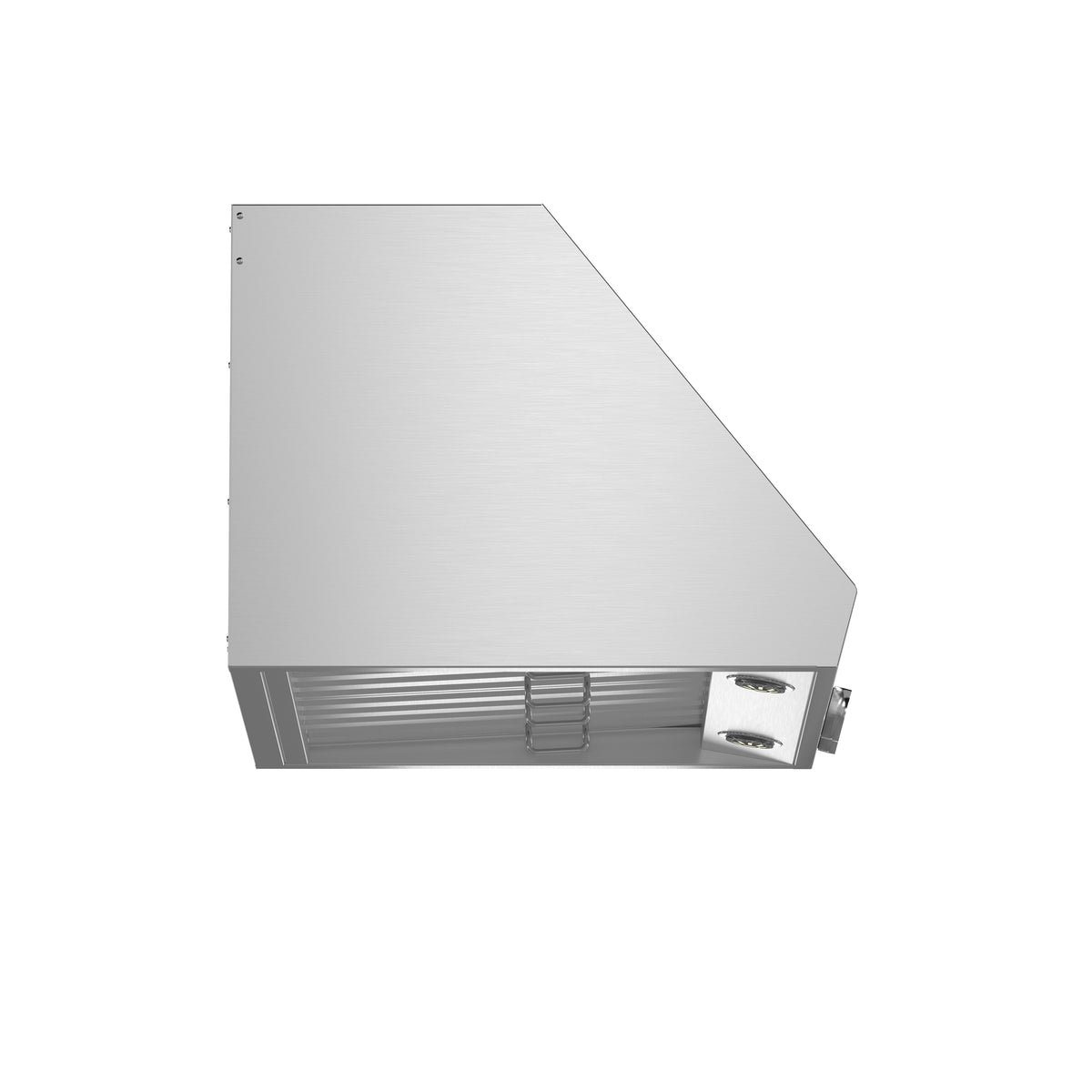 Stainless steel under-cabinet range hood side with front filter area and latching panel