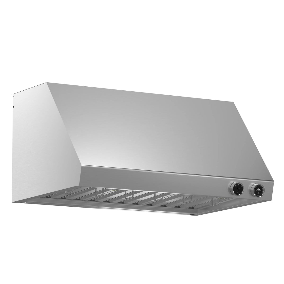 Stainless steel under-cabinet range hood with open front filter rack