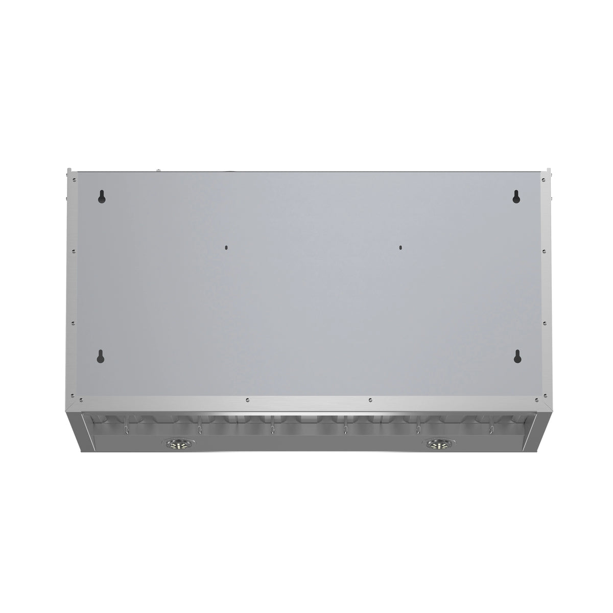 Stainless steel underside panel of under-cabinet range hood with mounting points