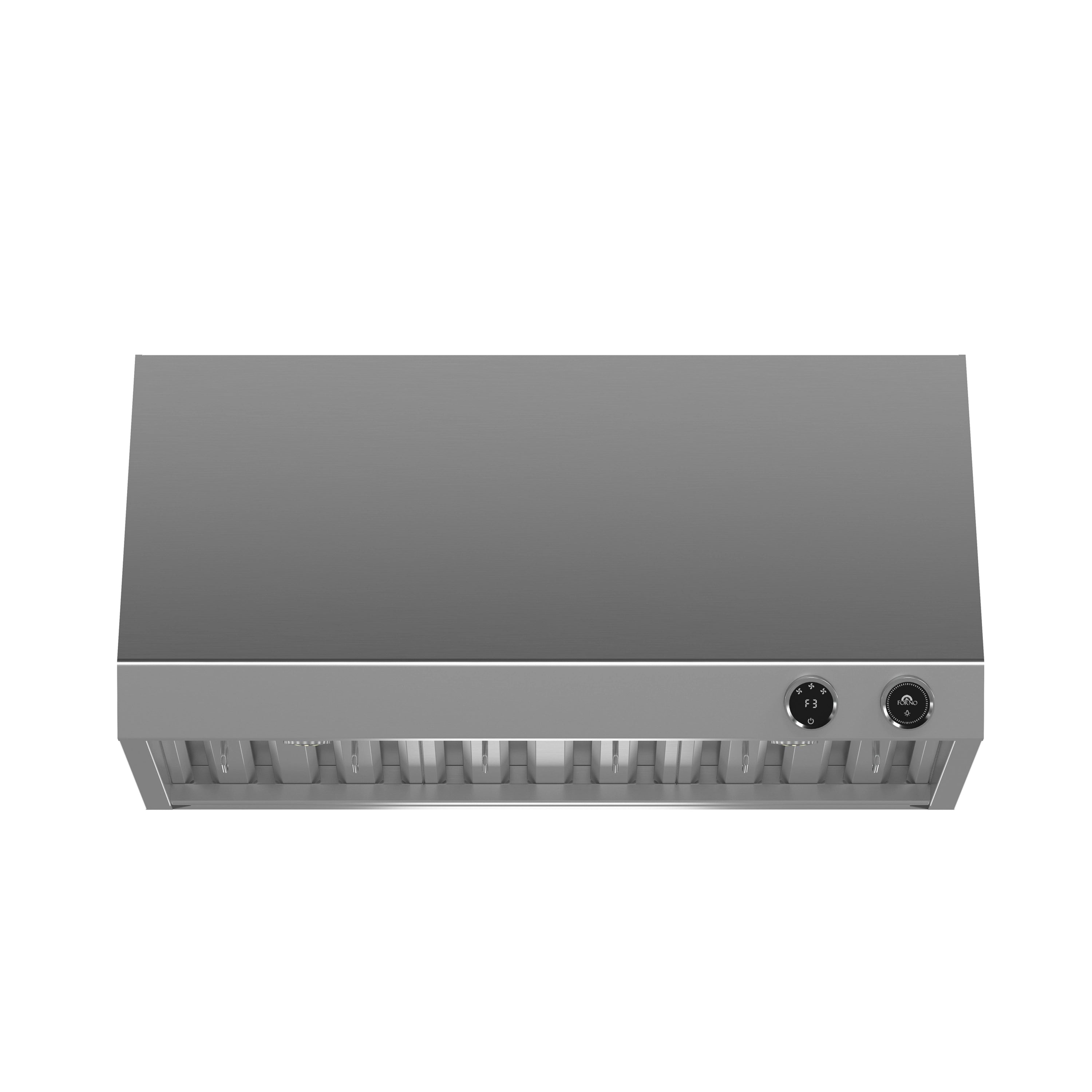 Stainless steel under-cabinet range hood with front filter vent slots
