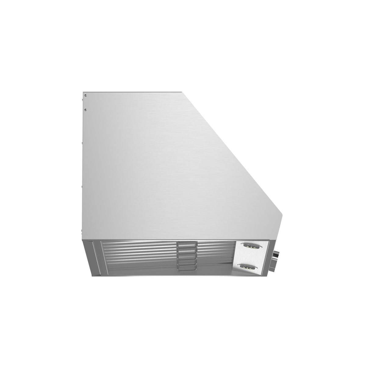 Stainless steel under-cabinet range hood side view with vented filter area