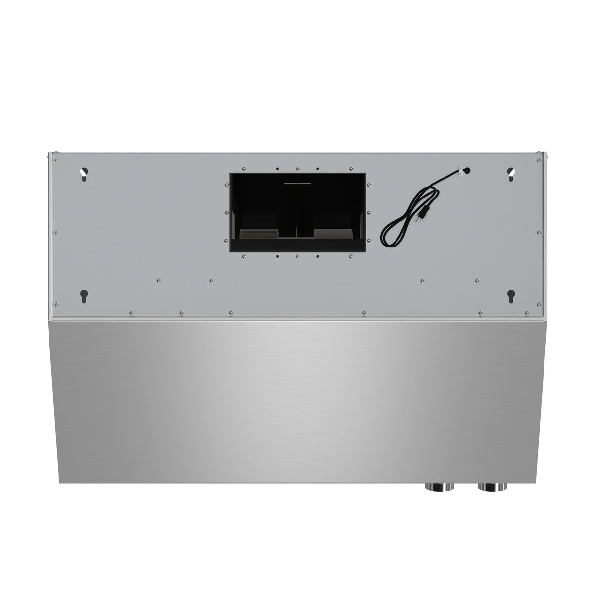 Stainless steel back panel of under-cabinet range hood with electrical opening