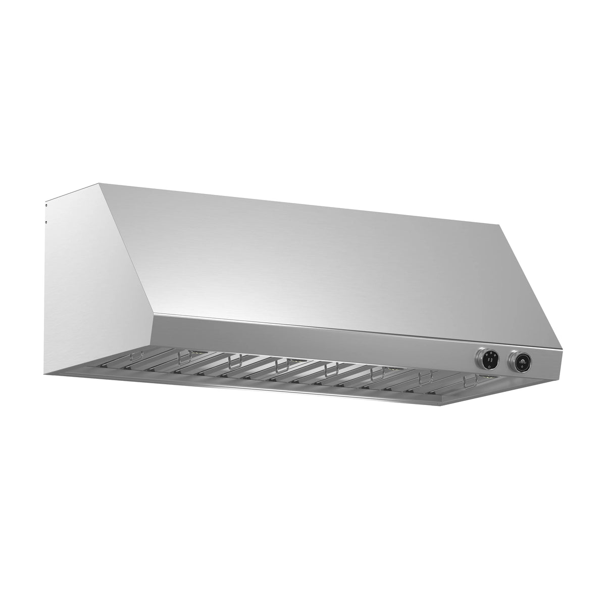 Stainless steel under-cabinet range hood with front baffle filters and recessed controls