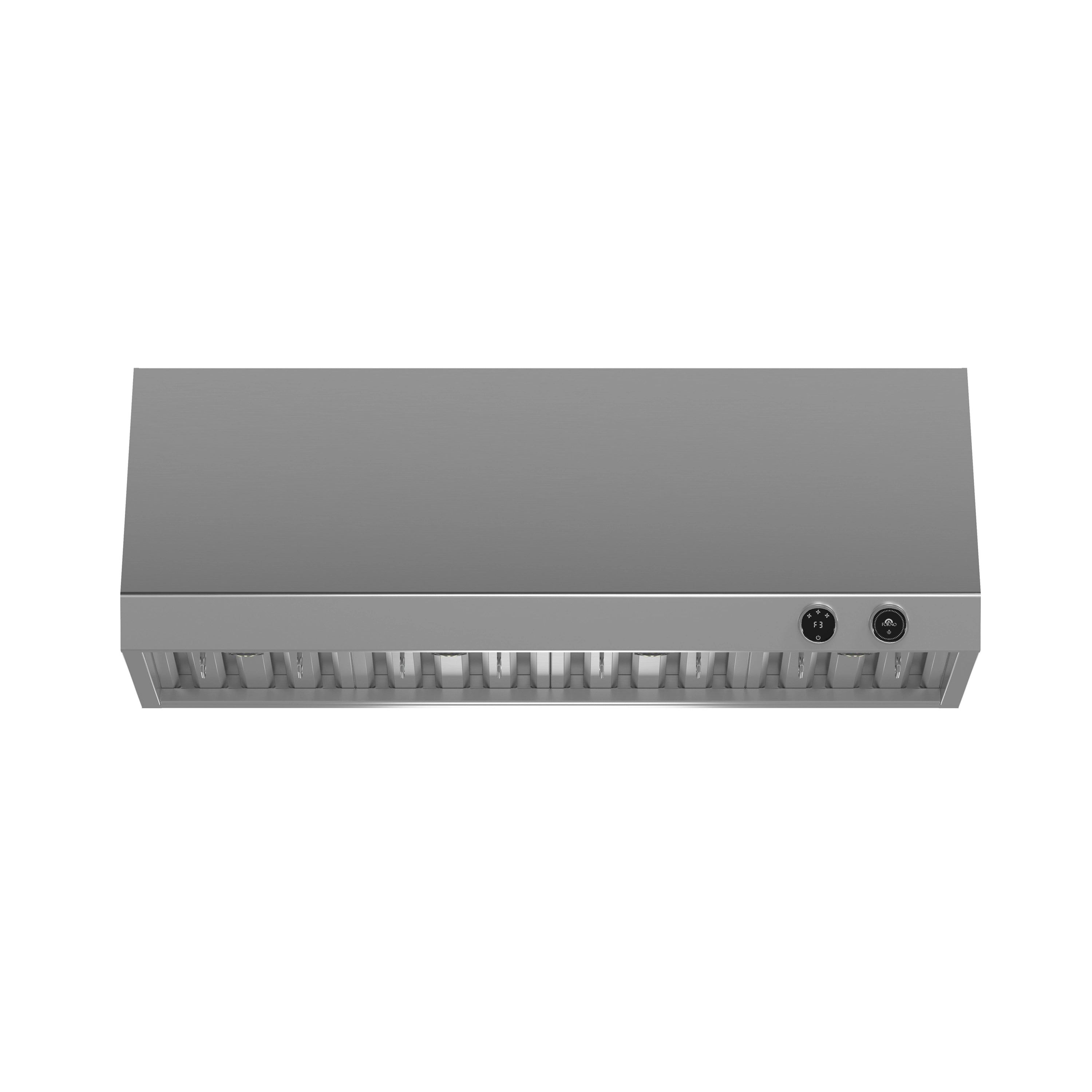 Stainless steel under-cabinet range hood front panel with two control buttons