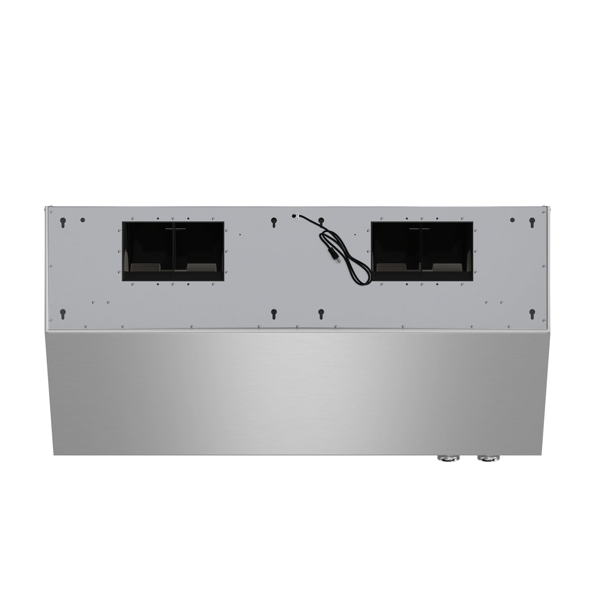 Stainless steel range hood housing with two internal openings and attached wiring