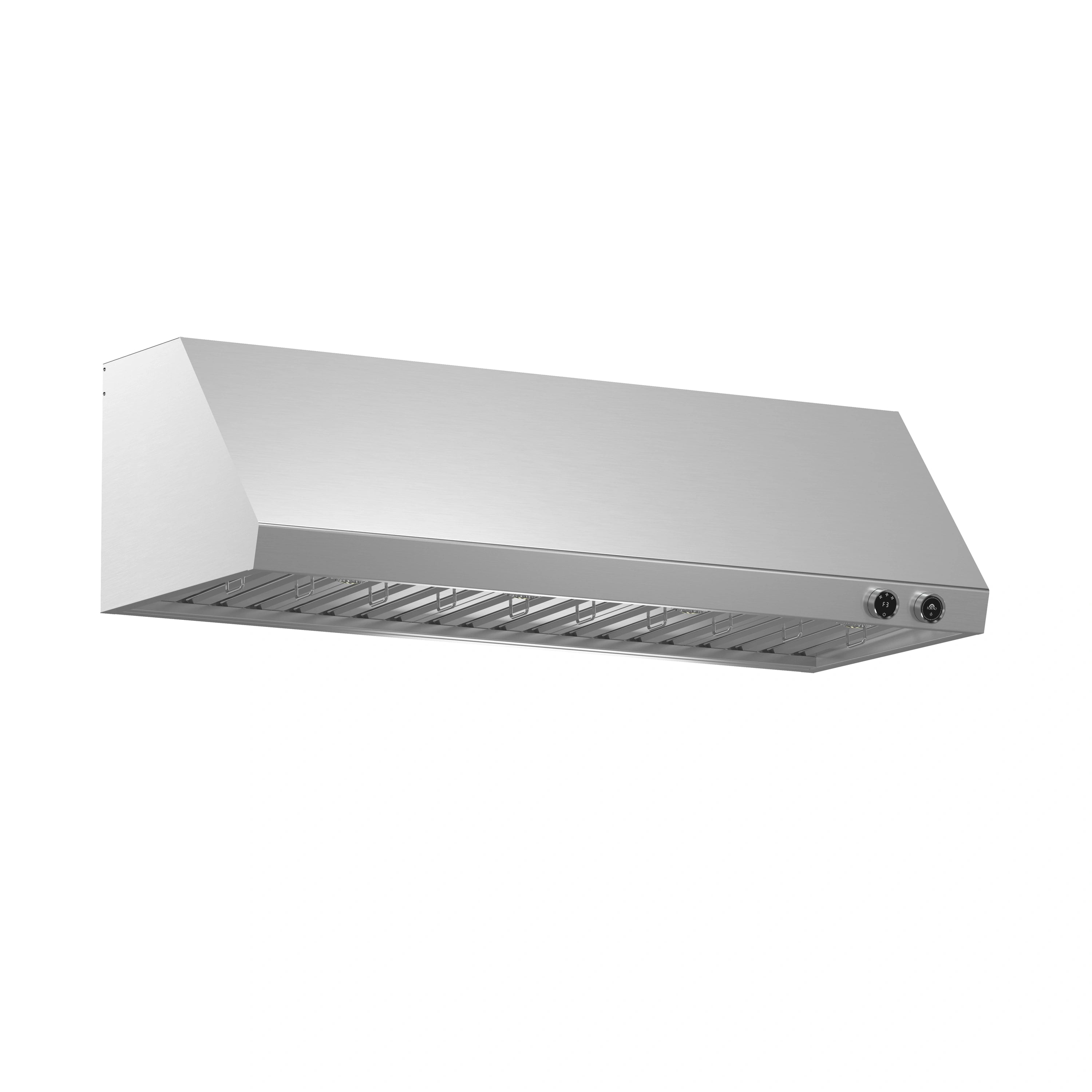 Stainless steel under-cabinet range hood with open front grate and two round side buttons