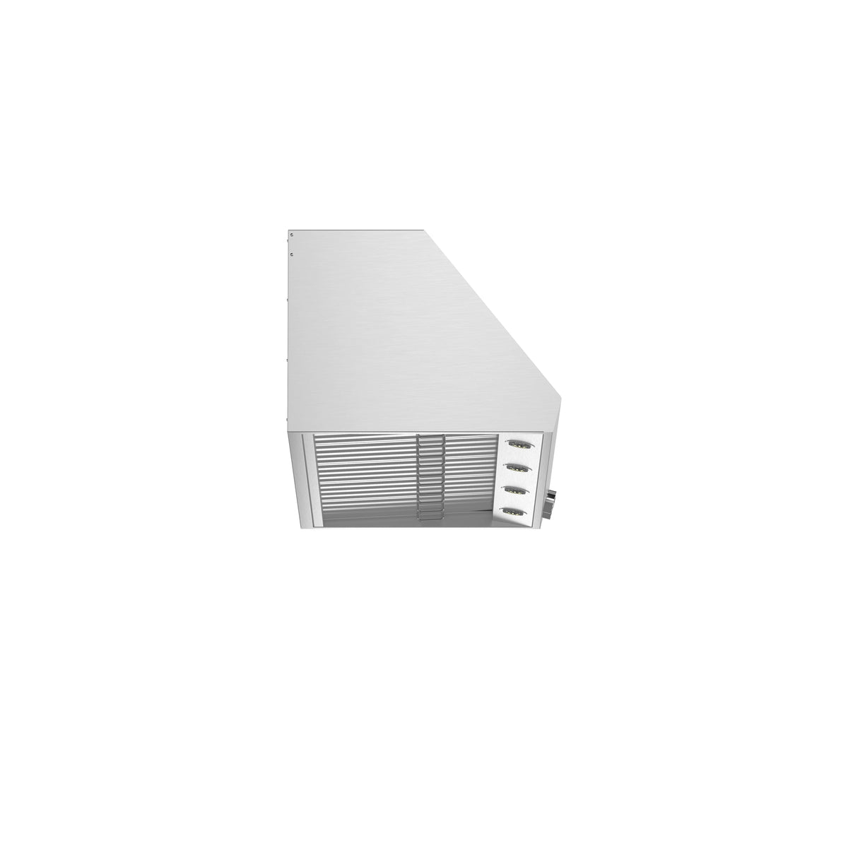 Stainless steel under-cabinet range hood corner view with slotted grille and side controls