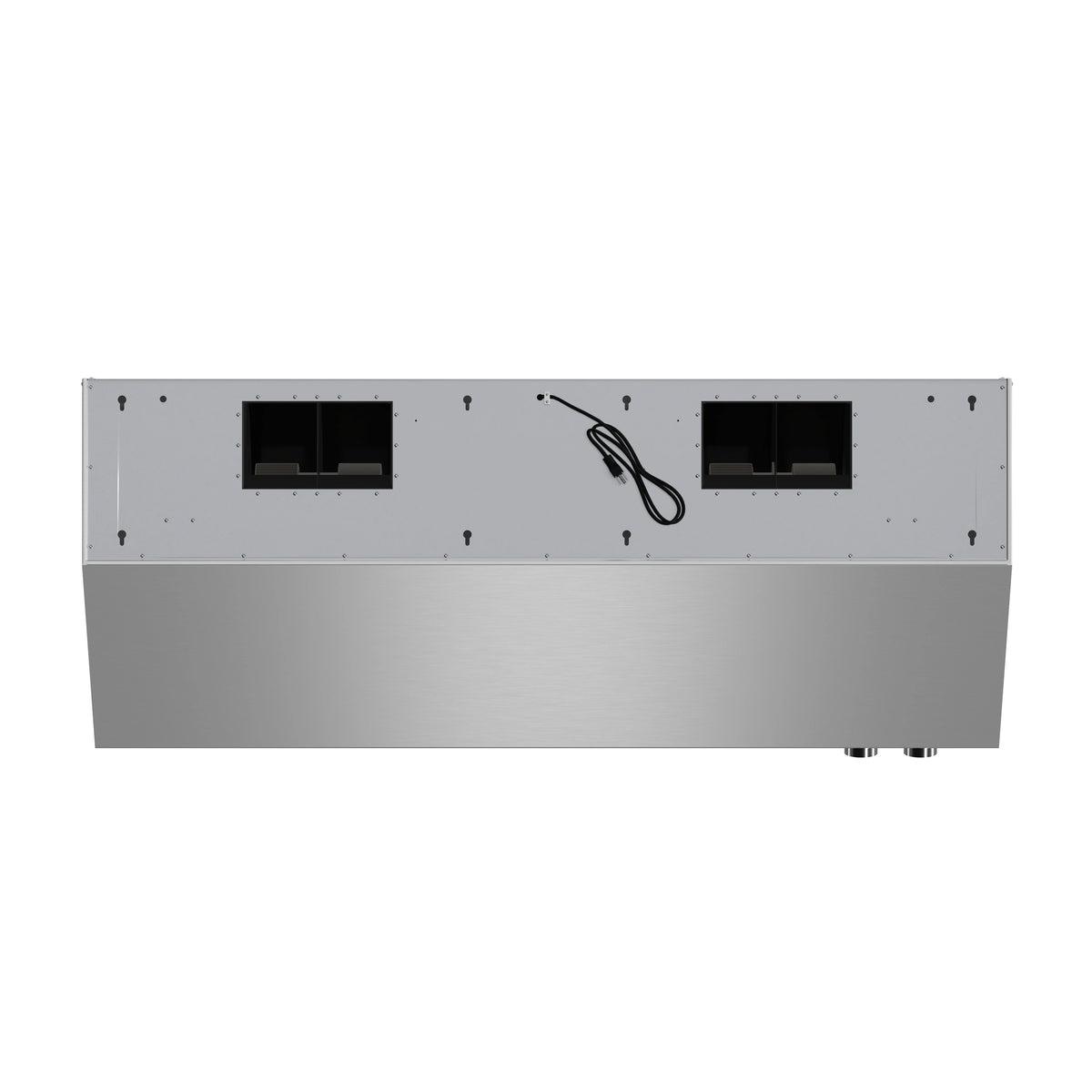 Stainless steel range hood with two vent openings, control cord, and rear mounting holes