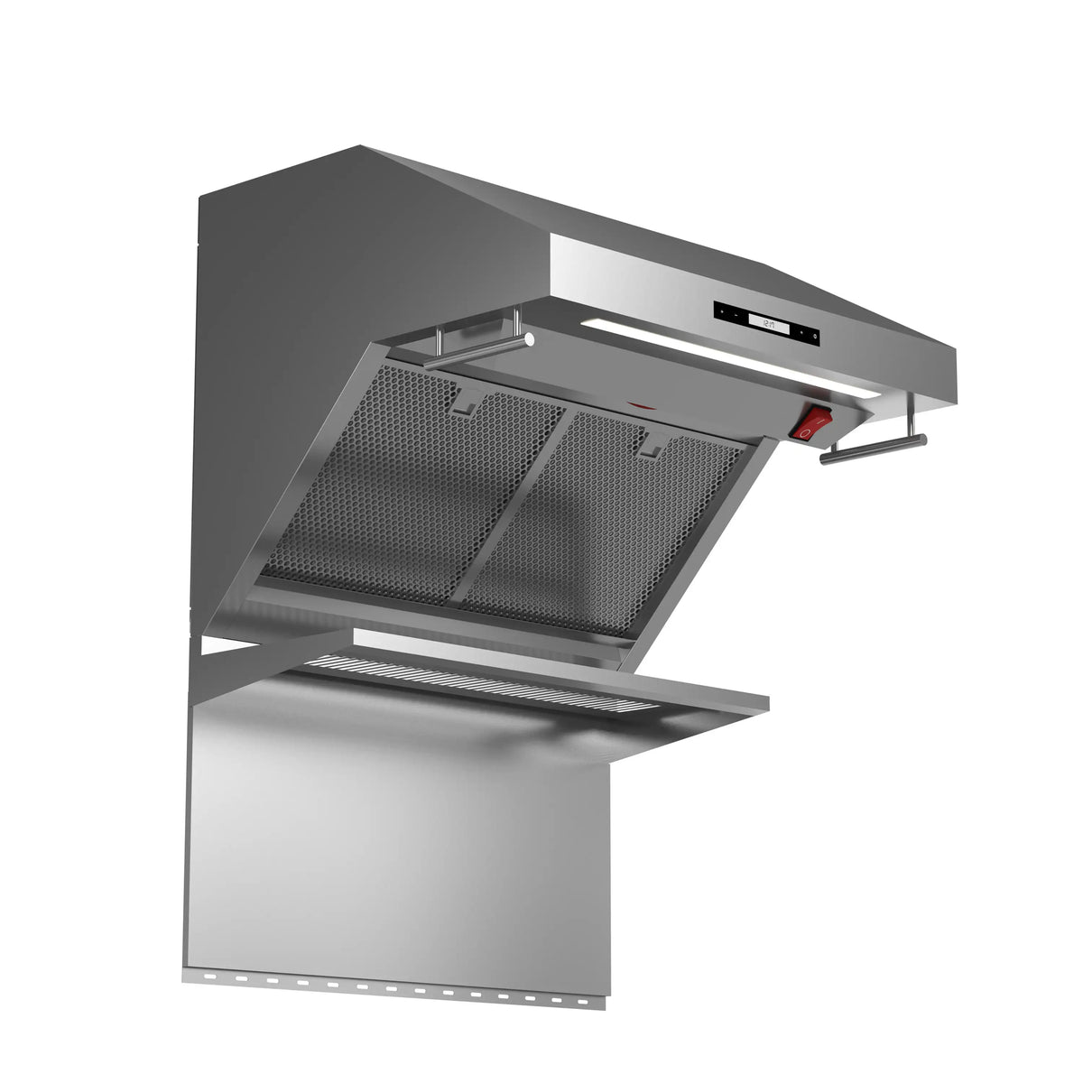 Stainless steel wall range hood with mesh grease filters and red light warmer