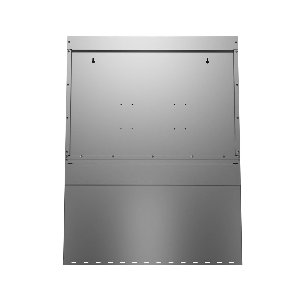 Back view of stainless steel wall mount range hood with mounting holes