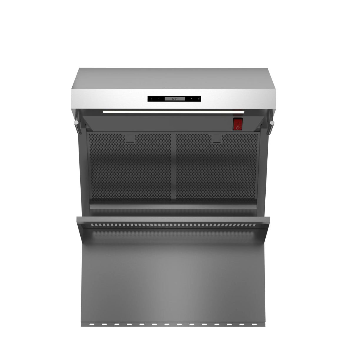 Front view of stainless steel wall range hood with mesh filters and control panel