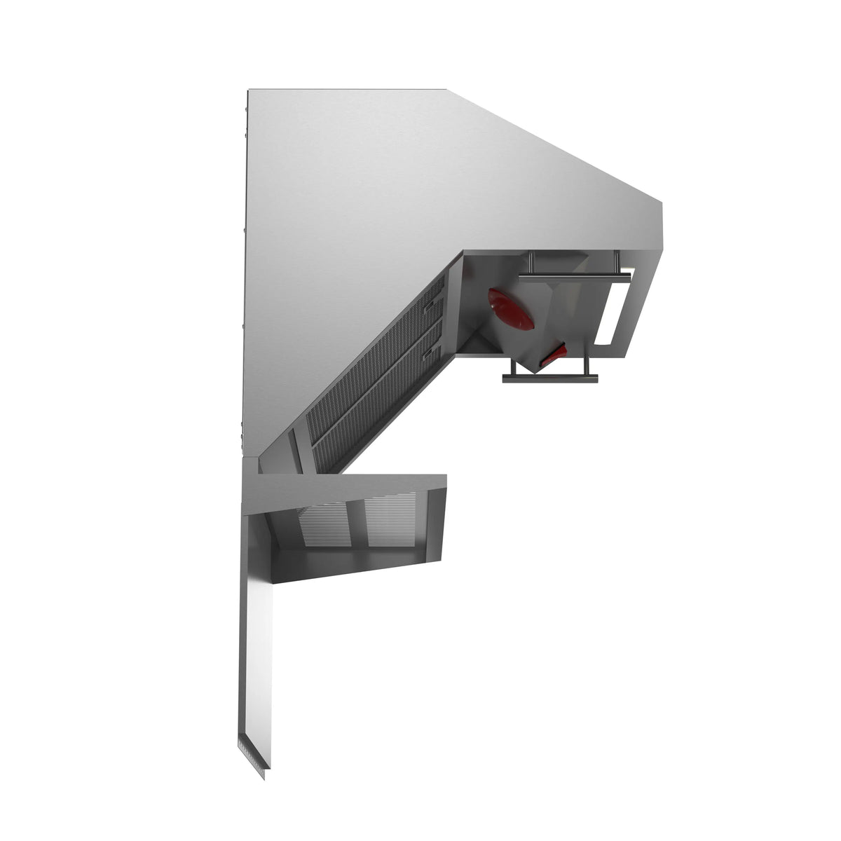 Side view of stainless steel wall range hood with vent opening and red light warmer